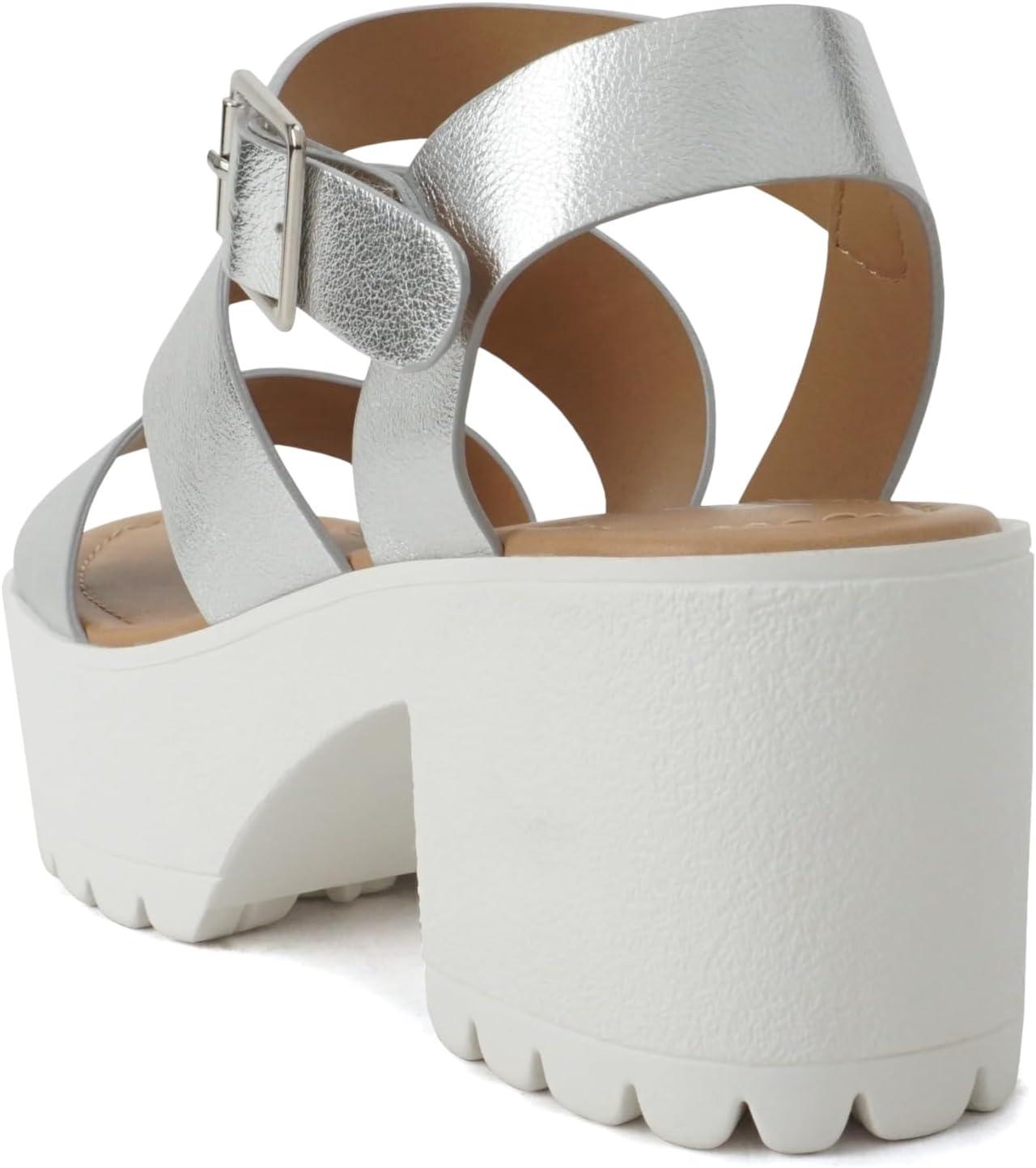 imageSoda ACCOUNT  Women Open Toe Two Bands Lug sole Fashion Block Heel Sandals with Adjustable Ankle StrapSilver Metallic