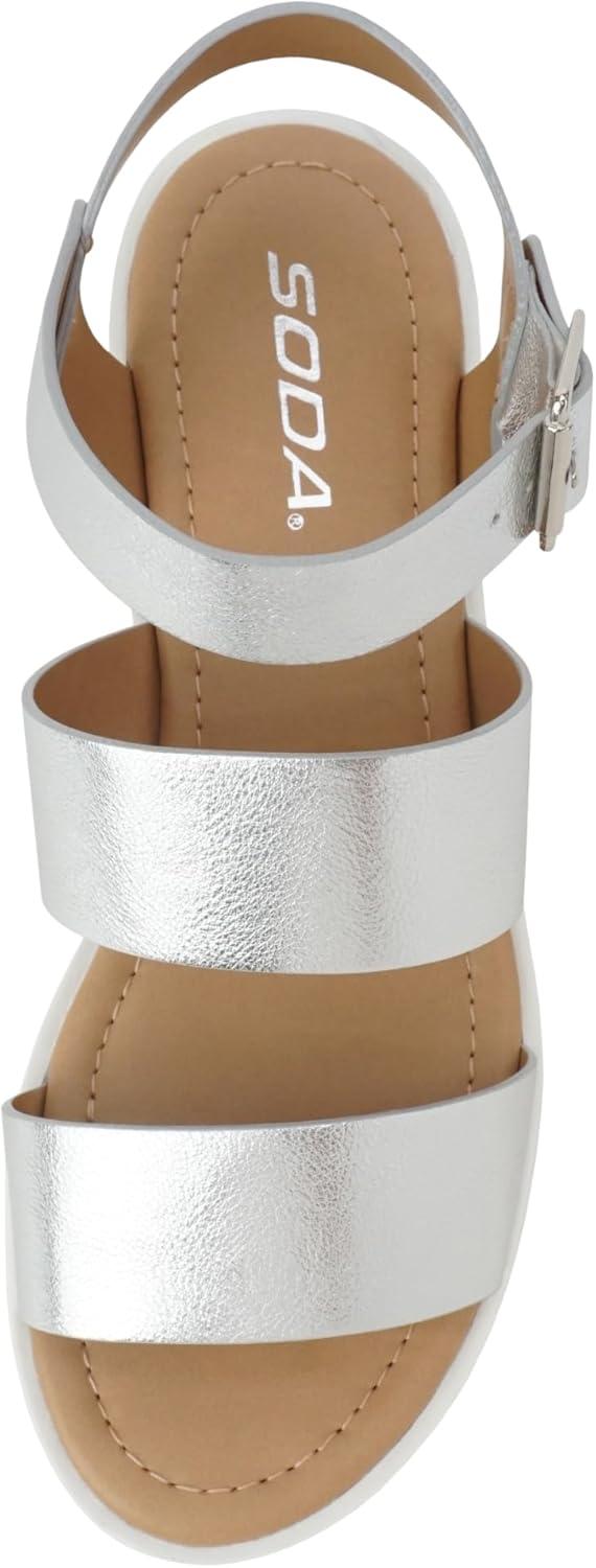 imageSoda ACCOUNT  Women Open Toe Two Bands Lug sole Fashion Block Heel Sandals with Adjustable Ankle StrapSilver Metallic