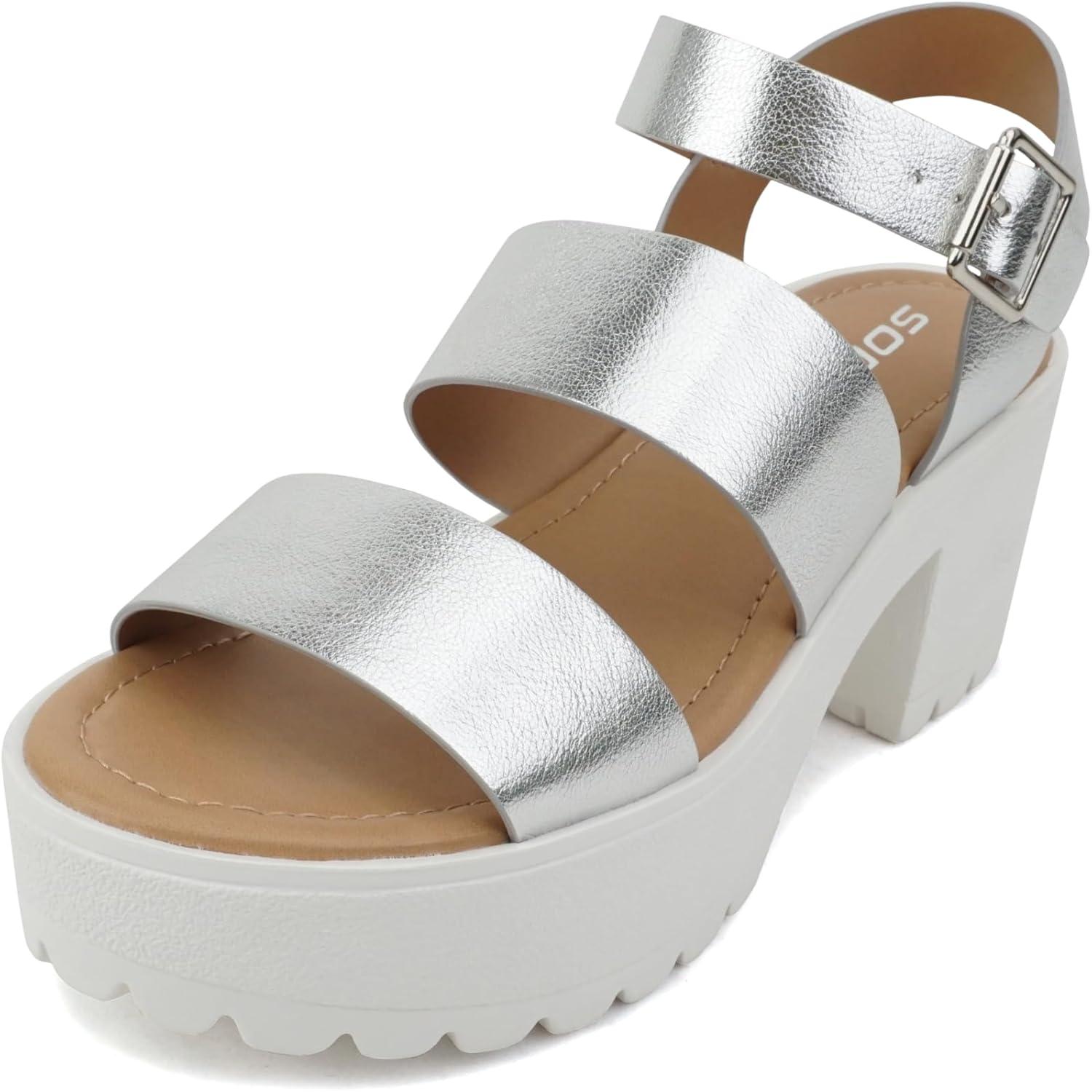 imageSoda ACCOUNT  Women Open Toe Two Bands Lug sole Fashion Block Heel Sandals with Adjustable Ankle StrapSilver Metallic