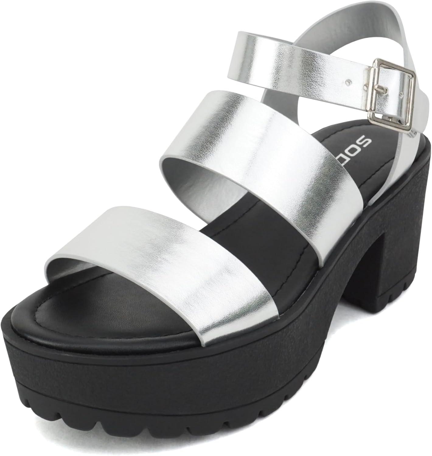 imageSoda ACCOUNT  Women Open Toe Two Bands Lug sole Fashion Block Heel Sandals with Adjustable Ankle StrapSilverBlack Metallic
