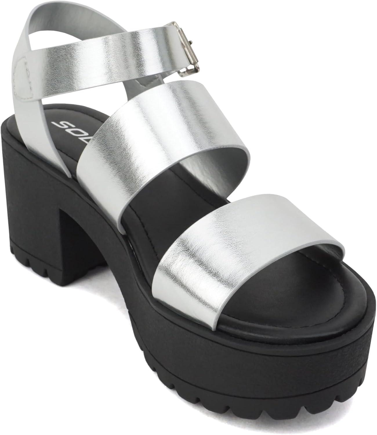 imageSoda ACCOUNT  Women Open Toe Two Bands Lug sole Fashion Block Heel Sandals with Adjustable Ankle StrapSilverBlack Metallic