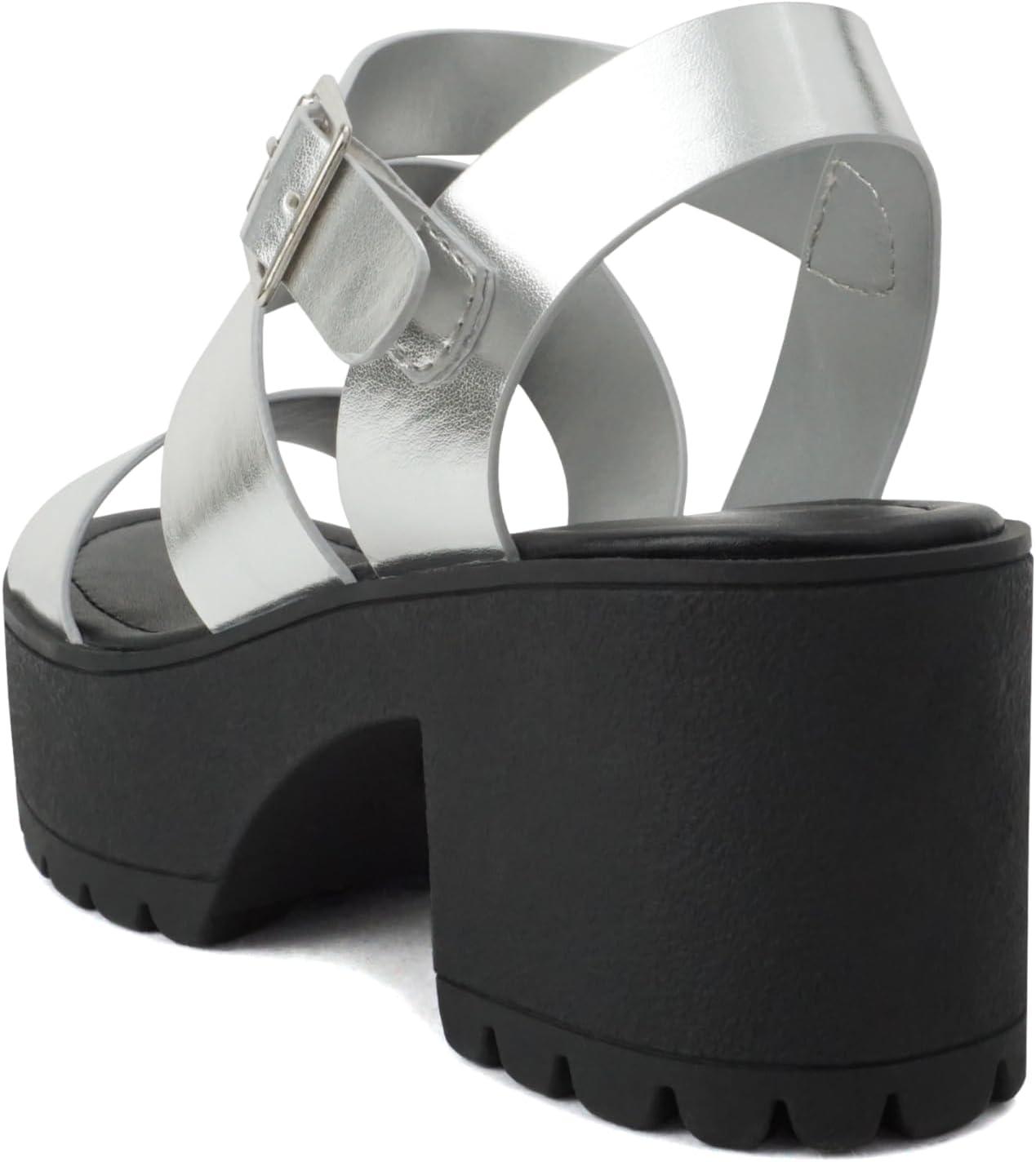 imageSoda ACCOUNT  Women Open Toe Two Bands Lug sole Fashion Block Heel Sandals with Adjustable Ankle StrapSilverBlack Metallic