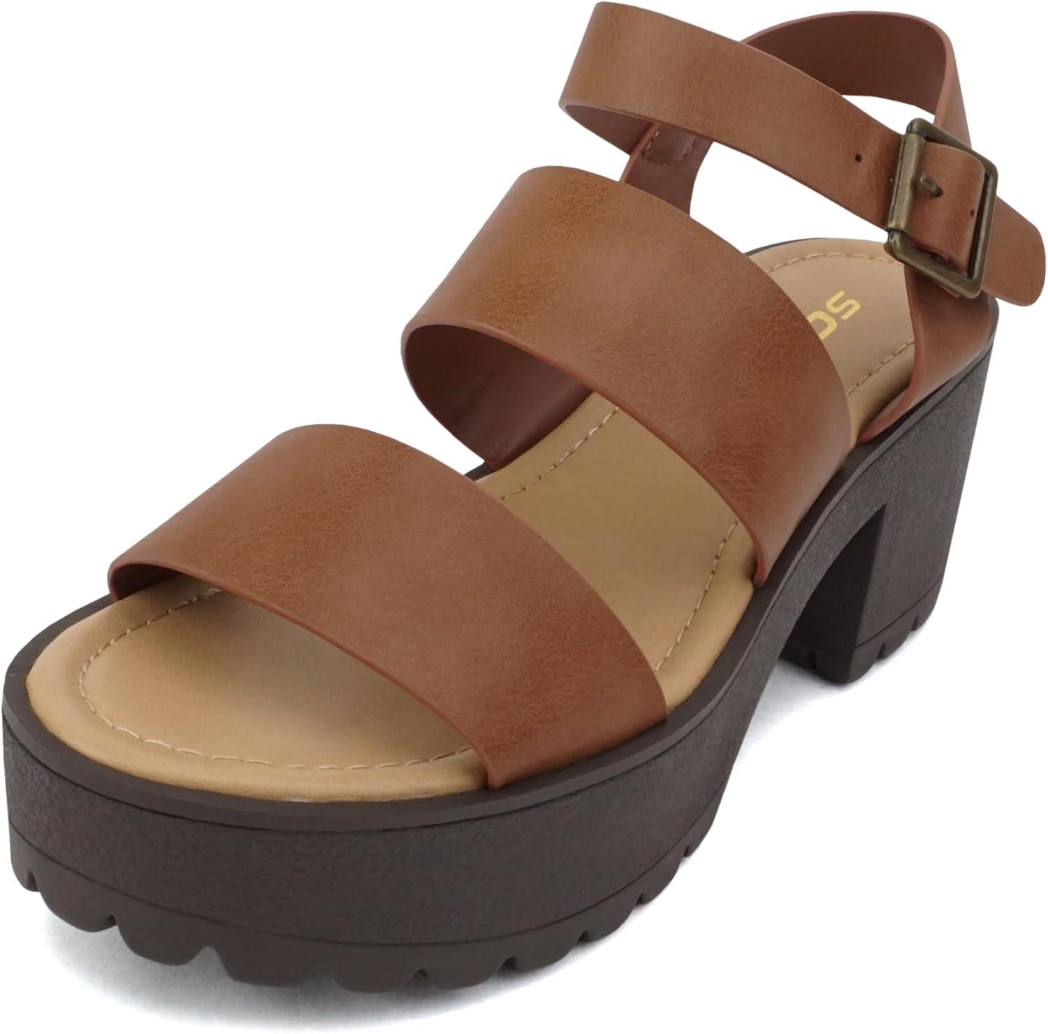 imageSoda ACCOUNT  Women Open Toe Two Bands Lug sole Fashion Block Heel Sandals with Adjustable Ankle StrapTan Pu