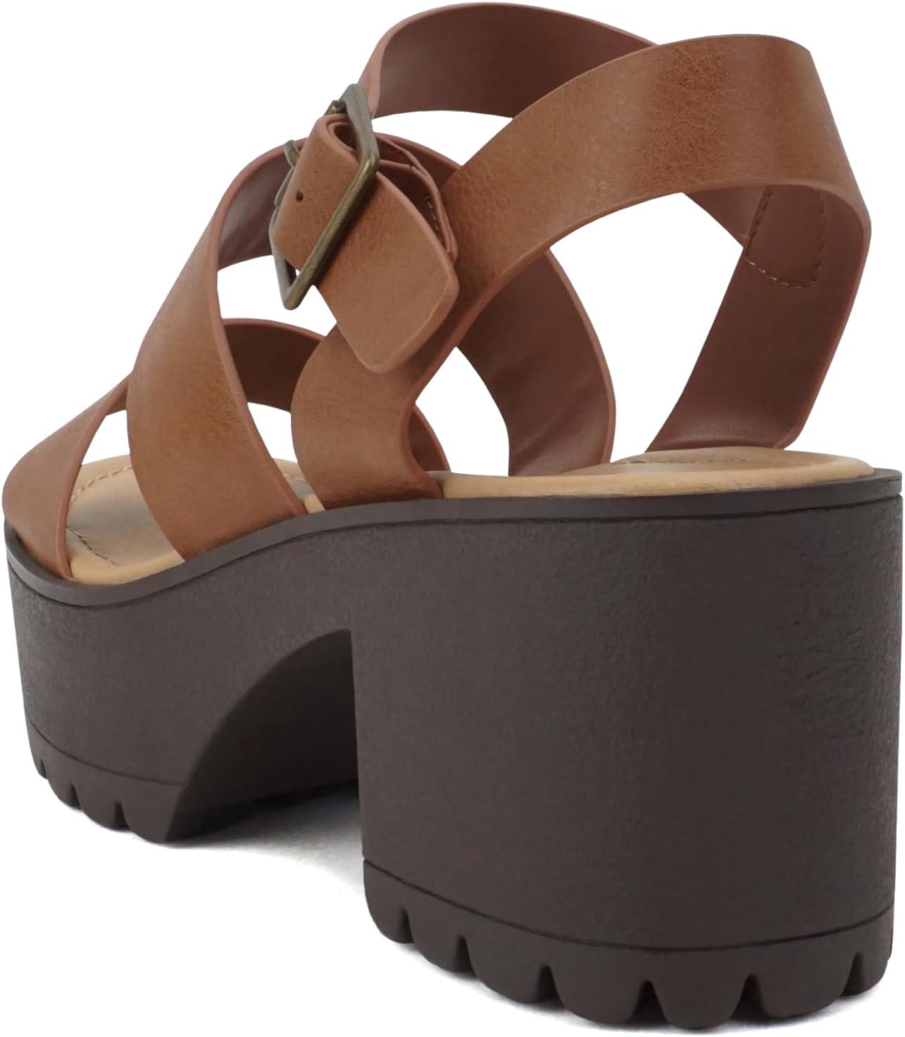 imageSoda ACCOUNT  Women Open Toe Two Bands Lug sole Fashion Block Heel Sandals with Adjustable Ankle StrapTan Pu