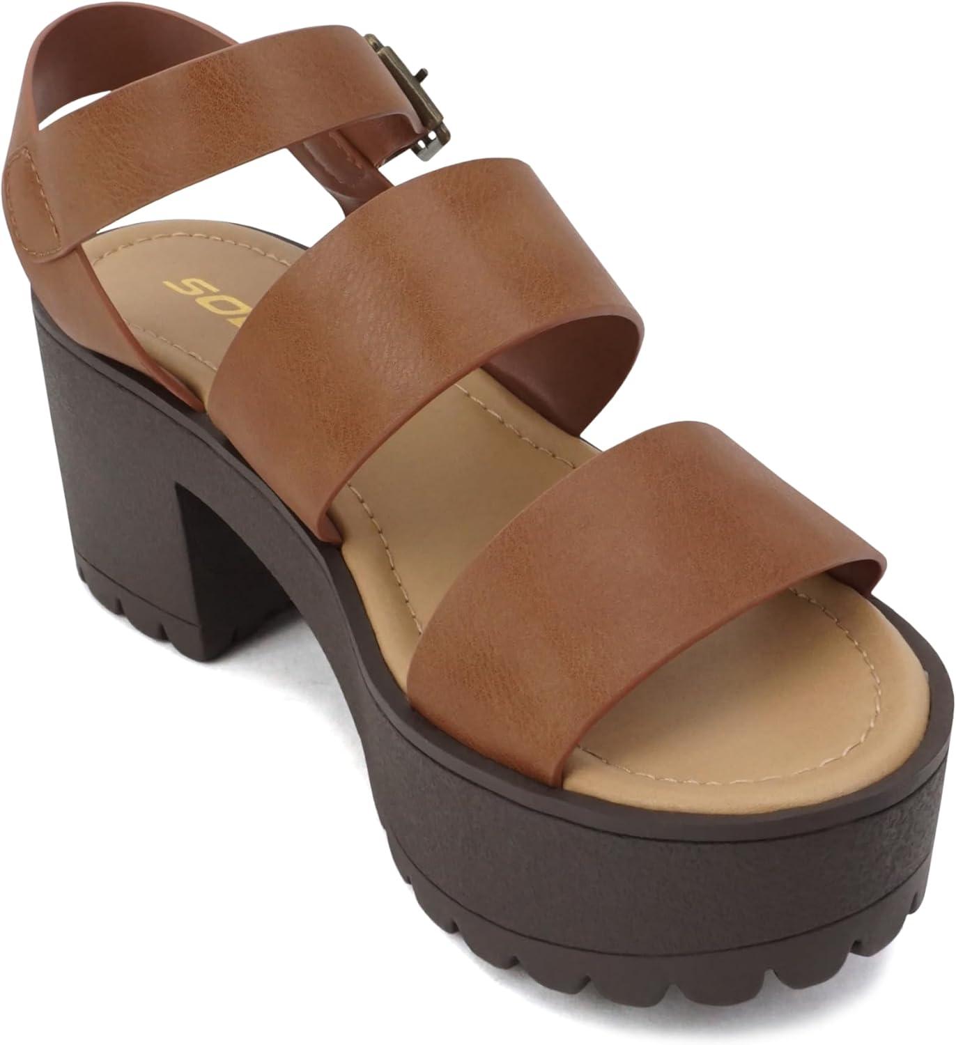 imageSoda ACCOUNT  Women Open Toe Two Bands Lug sole Fashion Block Heel Sandals with Adjustable Ankle StrapTan Pu
