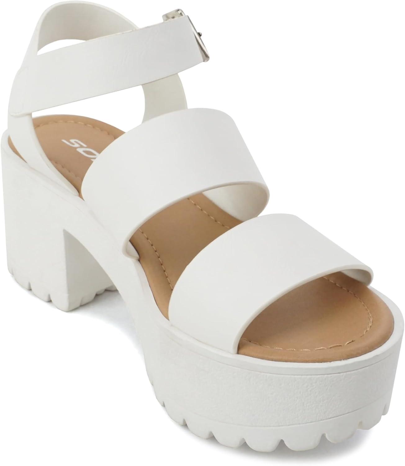 imageSoda ACCOUNT  Women Open Toe Two Bands Lug sole Fashion Block Heel Sandals with Adjustable Ankle StrapWhite