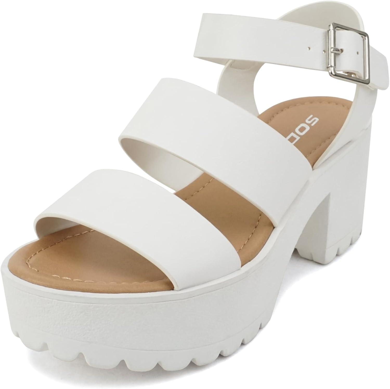 imageSoda ACCOUNT  Women Open Toe Two Bands Lug sole Fashion Block Heel Sandals with Adjustable Ankle StrapWhite