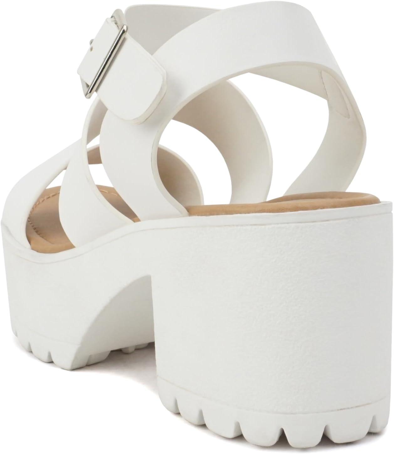 imageSoda ACCOUNT  Women Open Toe Two Bands Lug sole Fashion Block Heel Sandals with Adjustable Ankle StrapWhite