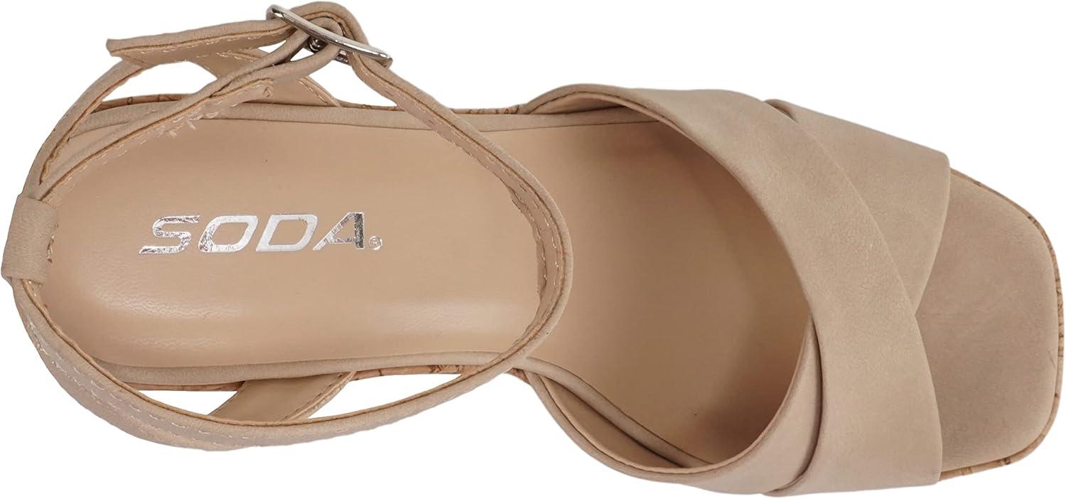 imageSoda FUNKIE  Women Open Square Toe Crisscross Band Ankle Strap Chunky High Heel Notch Wedge SandalBlond Nubuck