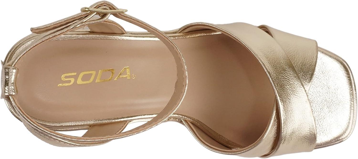 imageSoda FUNKIE  Women Open Square Toe Crisscross Band Ankle Strap Chunky High Heel Notch Wedge SandalGold Metallic