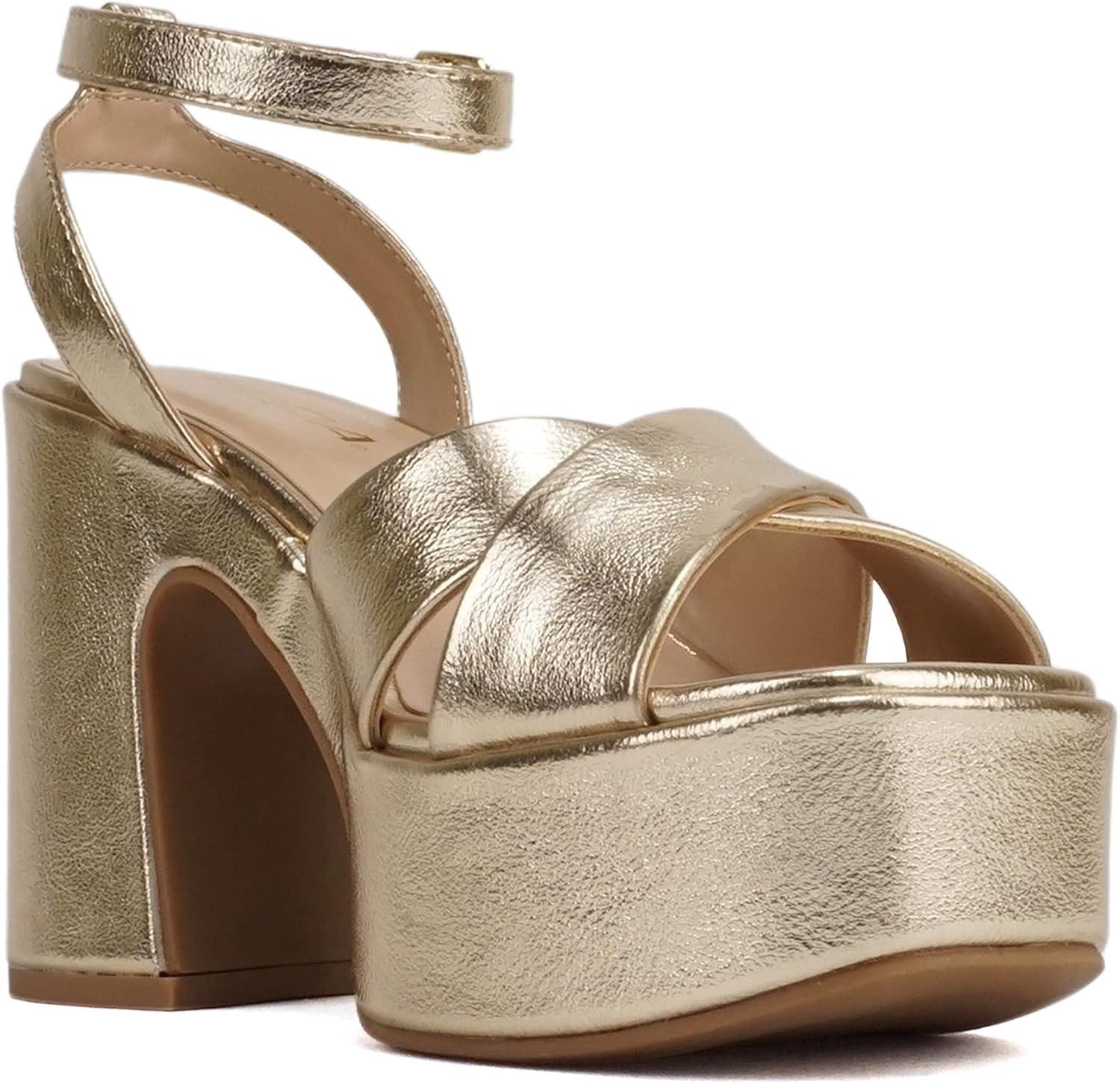 imageSoda FUNKIE  Women Open Square Toe Crisscross Band Ankle Strap Chunky High Heel Notch Wedge SandalGold Metallic