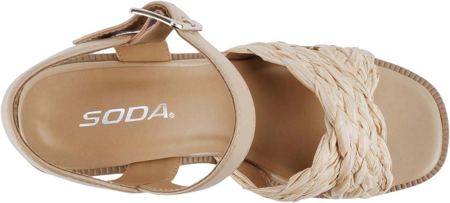 imageSoda Hugo  Women Open Square Toe Crisscross Band Adjustable Ankle Strap High Heel SandalNatural Raffia