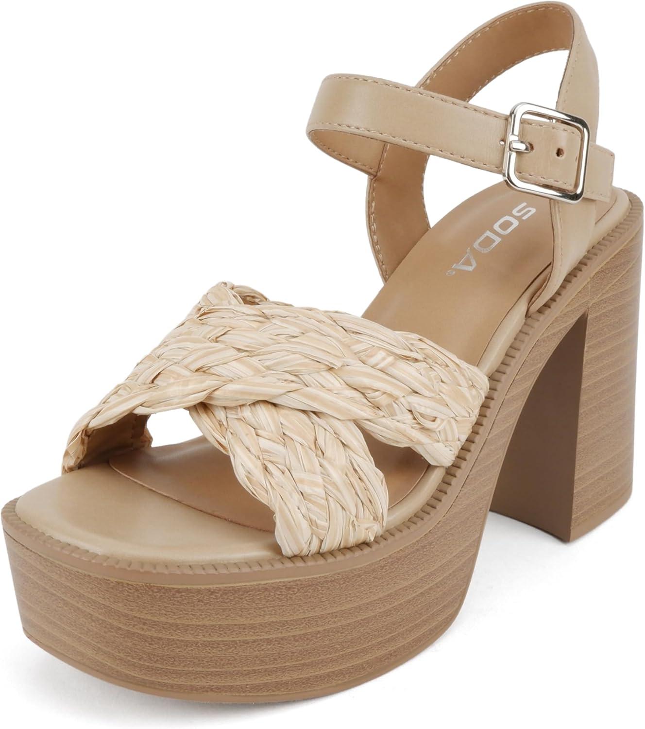 imageSoda Hugo  Women Open Square Toe Crisscross Band Adjustable Ankle Strap High Heel SandalNatural Raffia