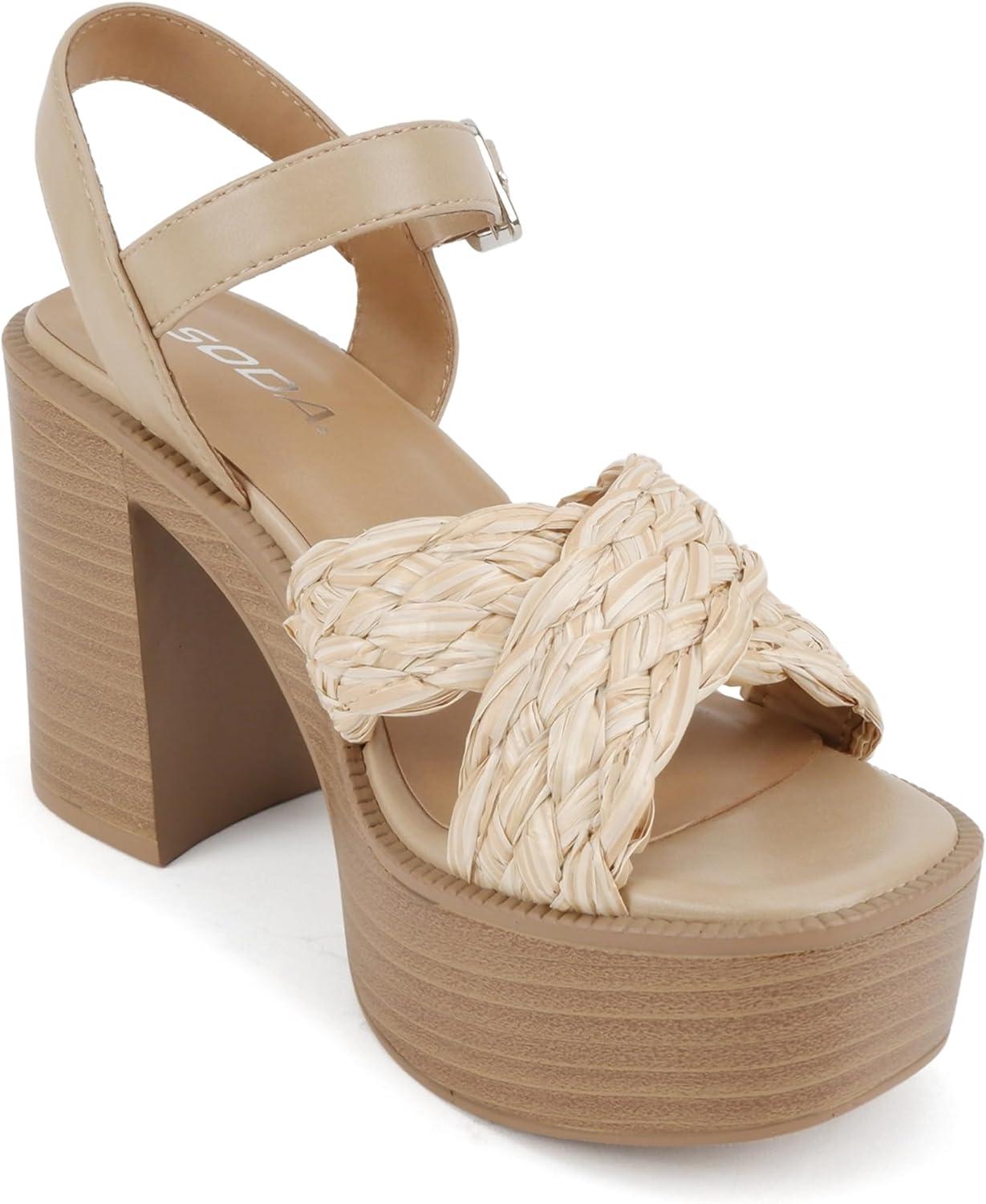 imageSoda Hugo  Women Open Square Toe Crisscross Band Adjustable Ankle Strap High Heel SandalNatural Raffia
