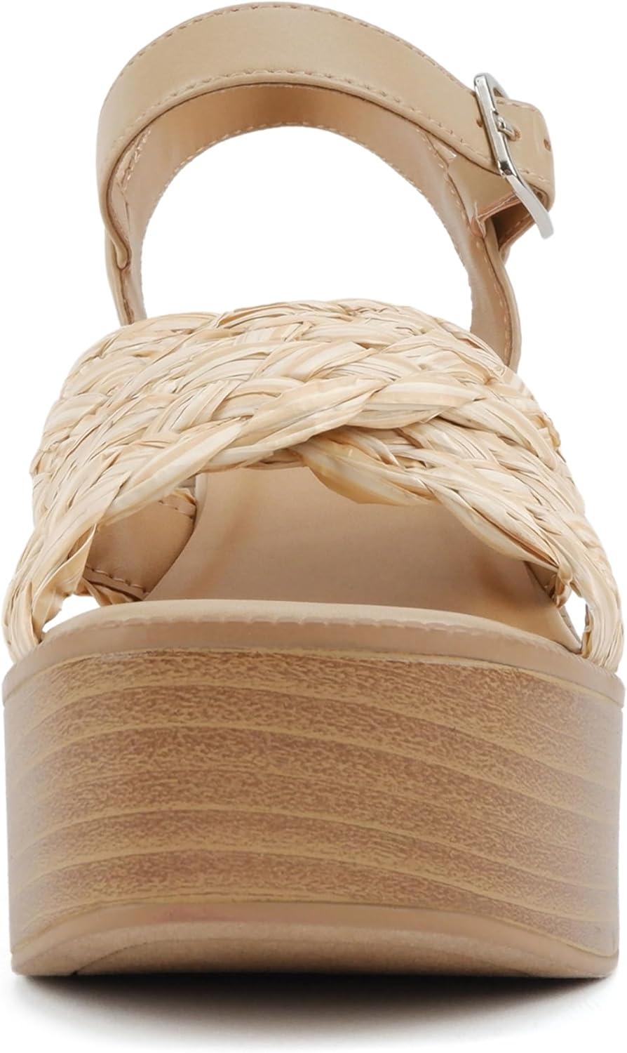 imageSoda Hugo  Women Open Square Toe Crisscross Band Adjustable Ankle Strap High Heel SandalNatural Raffia