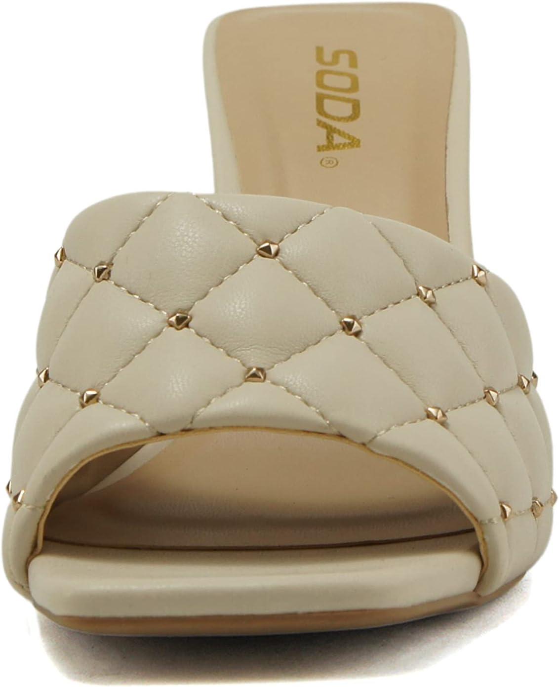 imageSoda JELLO  Women Slip On Diamond Quilted Stud Gem Jewel Fashion Flat Heel SandalBone Pu