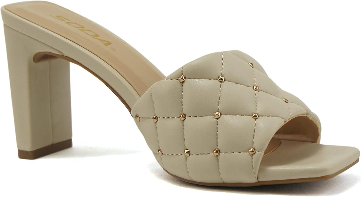 imageSoda JELLO  Women Slip On Diamond Quilted Stud Gem Jewel Fashion Flat Heel SandalBone Pu