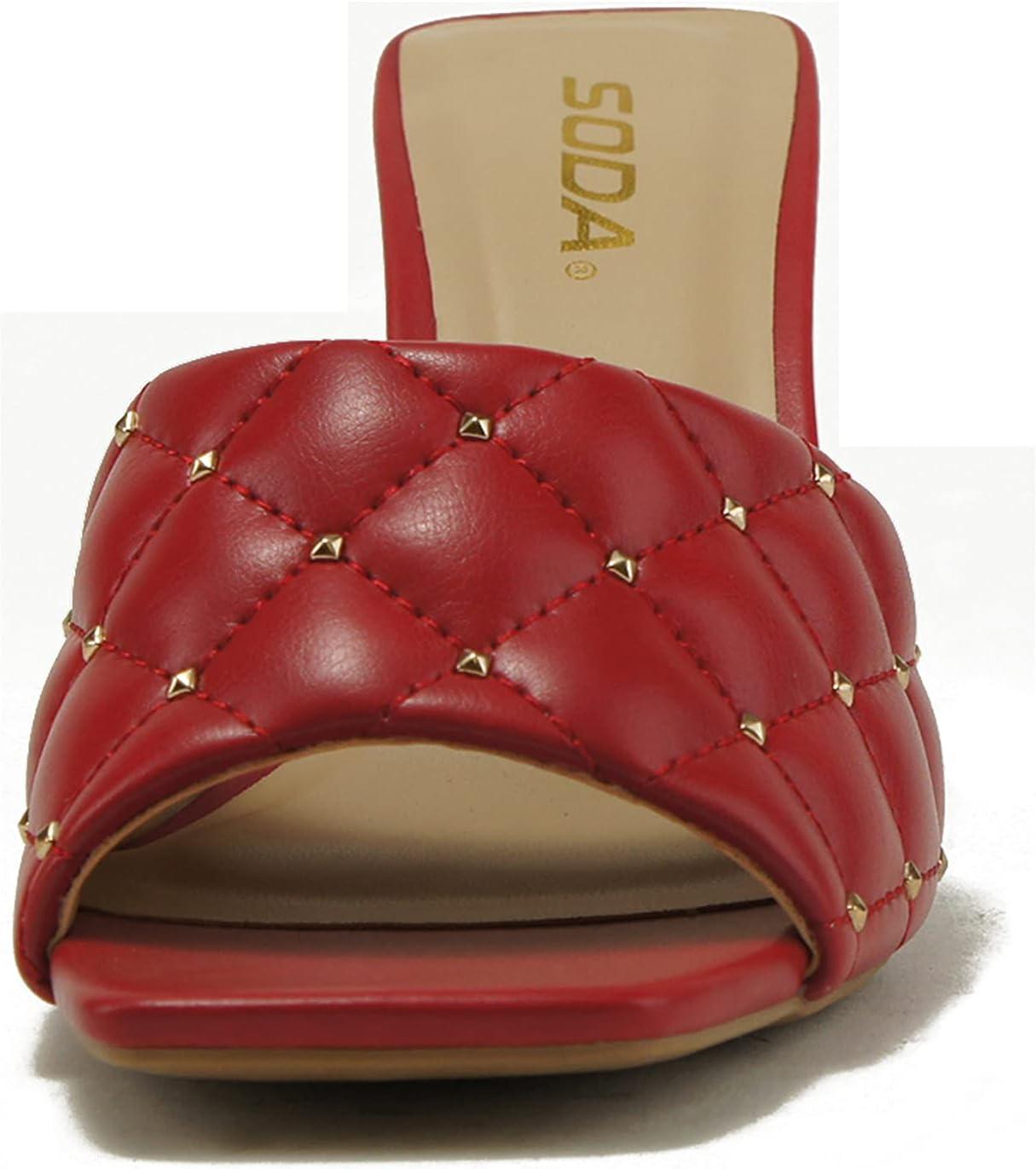 imageSoda JELLO  Women Slip On Diamond Quilted Stud Gem Jewel Fashion Flat Heel SandalRed Pu