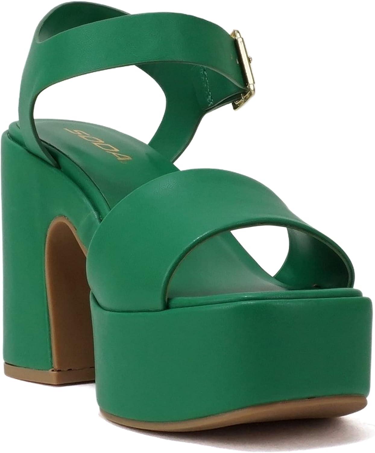 imageSoda Launch  Women Open Toe Ankle Strap Platform Chunky High Heeled SandalEmerald Green Pu