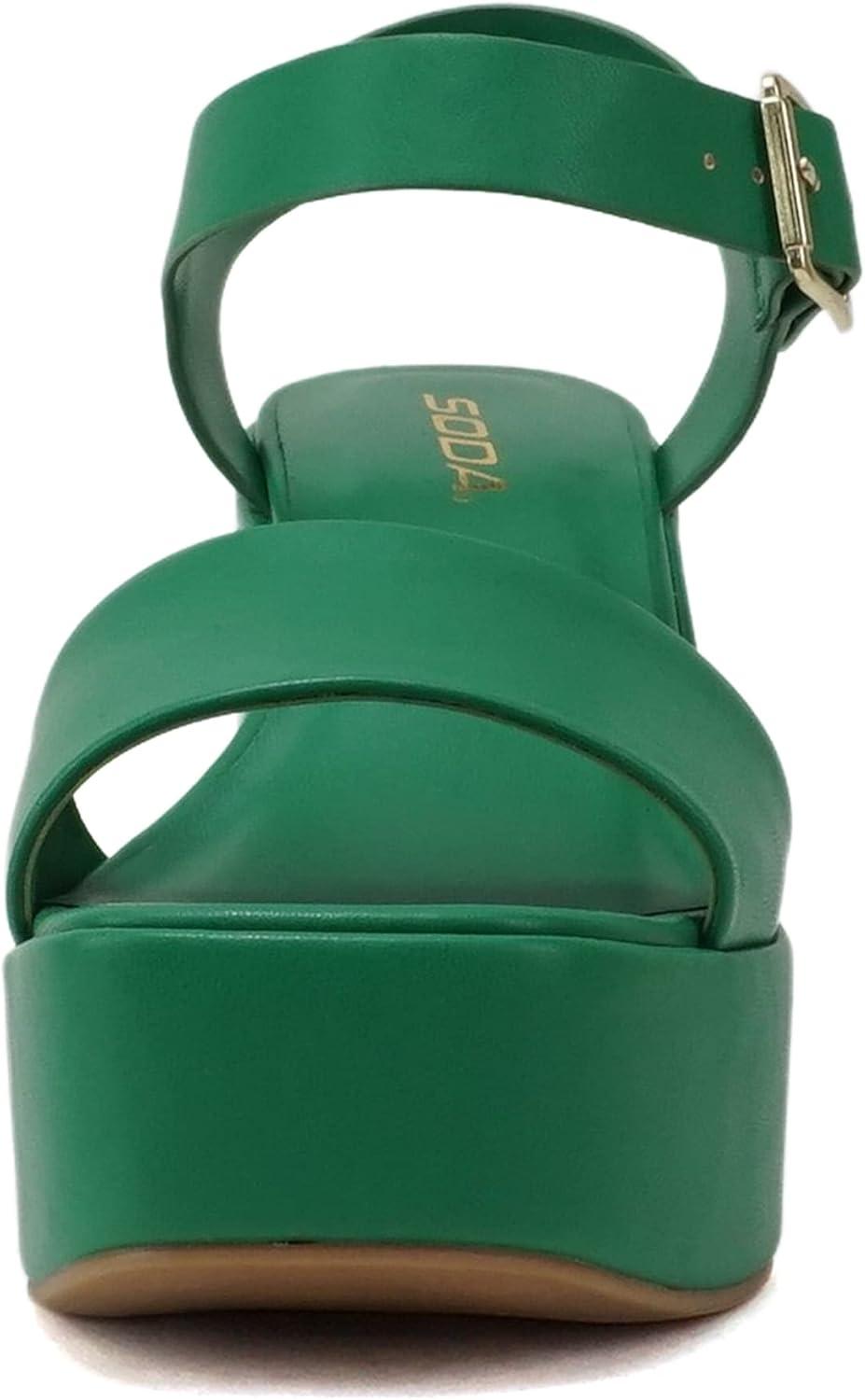 imageSoda Launch  Women Open Toe Ankle Strap Platform Chunky High Heeled SandalEmerald Green Pu