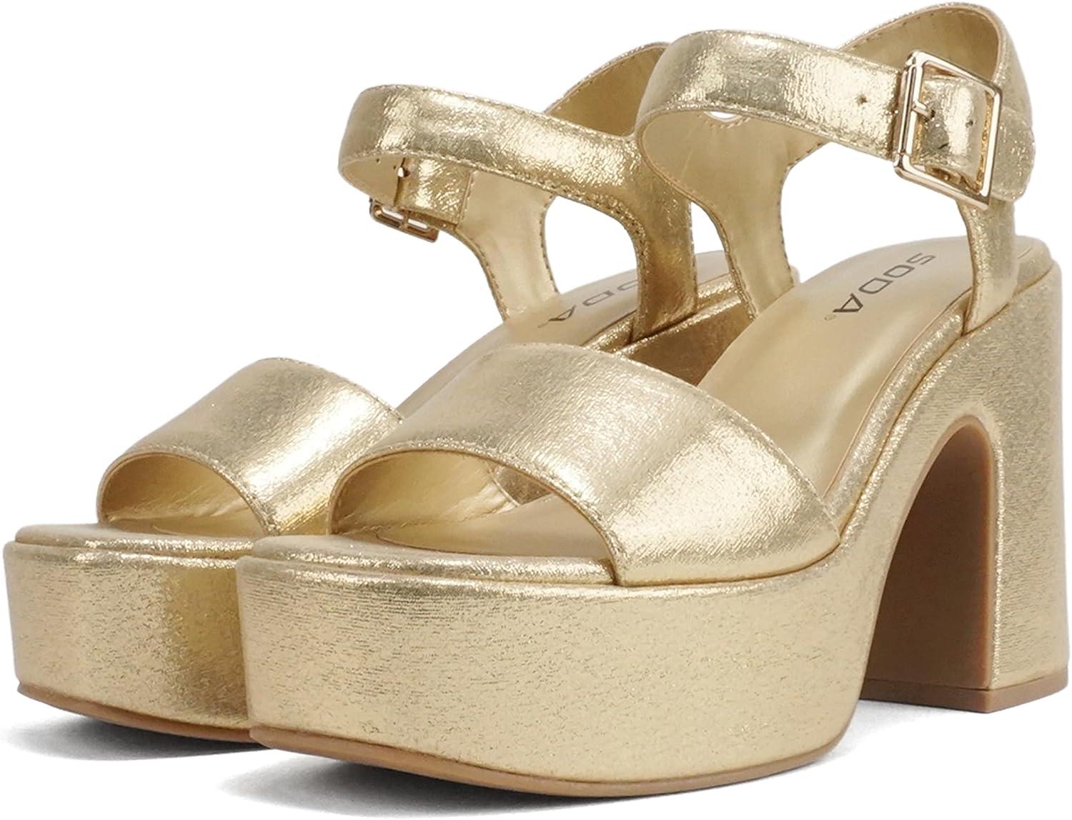 imageSoda Launch  Women Open Toe Ankle Strap Platform Chunky High Heeled SandalLight Gold Shimmer