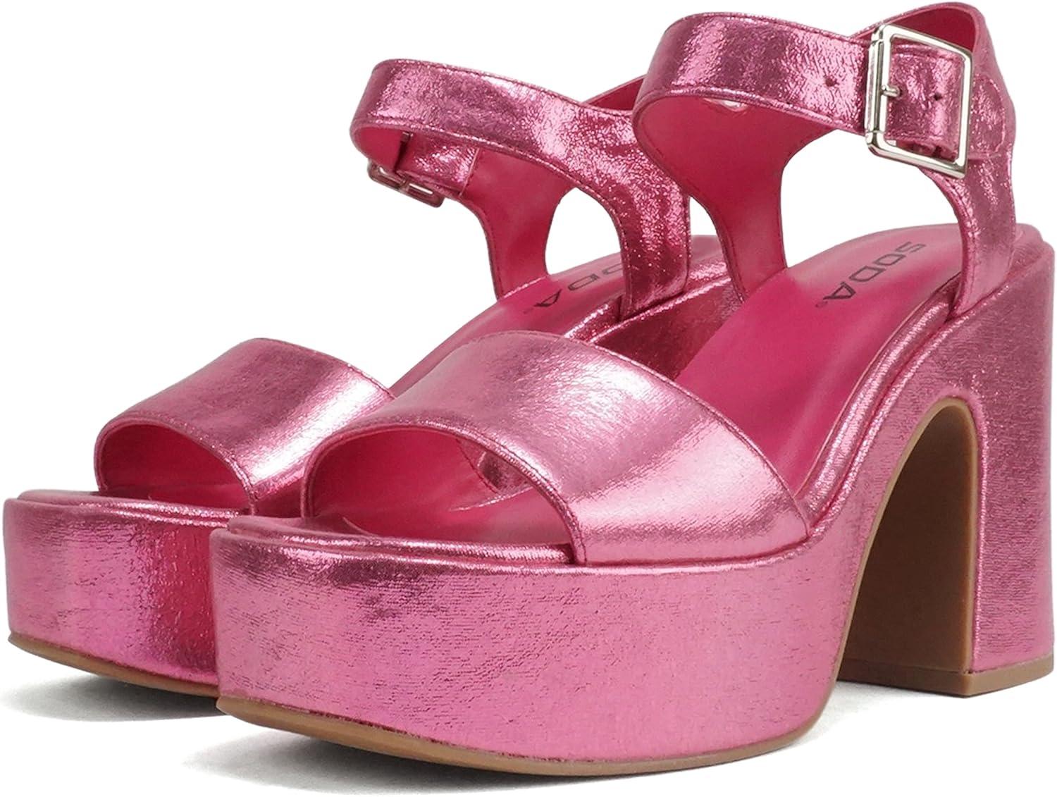 imageSoda Launch  Women Open Toe Ankle Strap Platform Chunky High Heeled SandalPink Shimmer