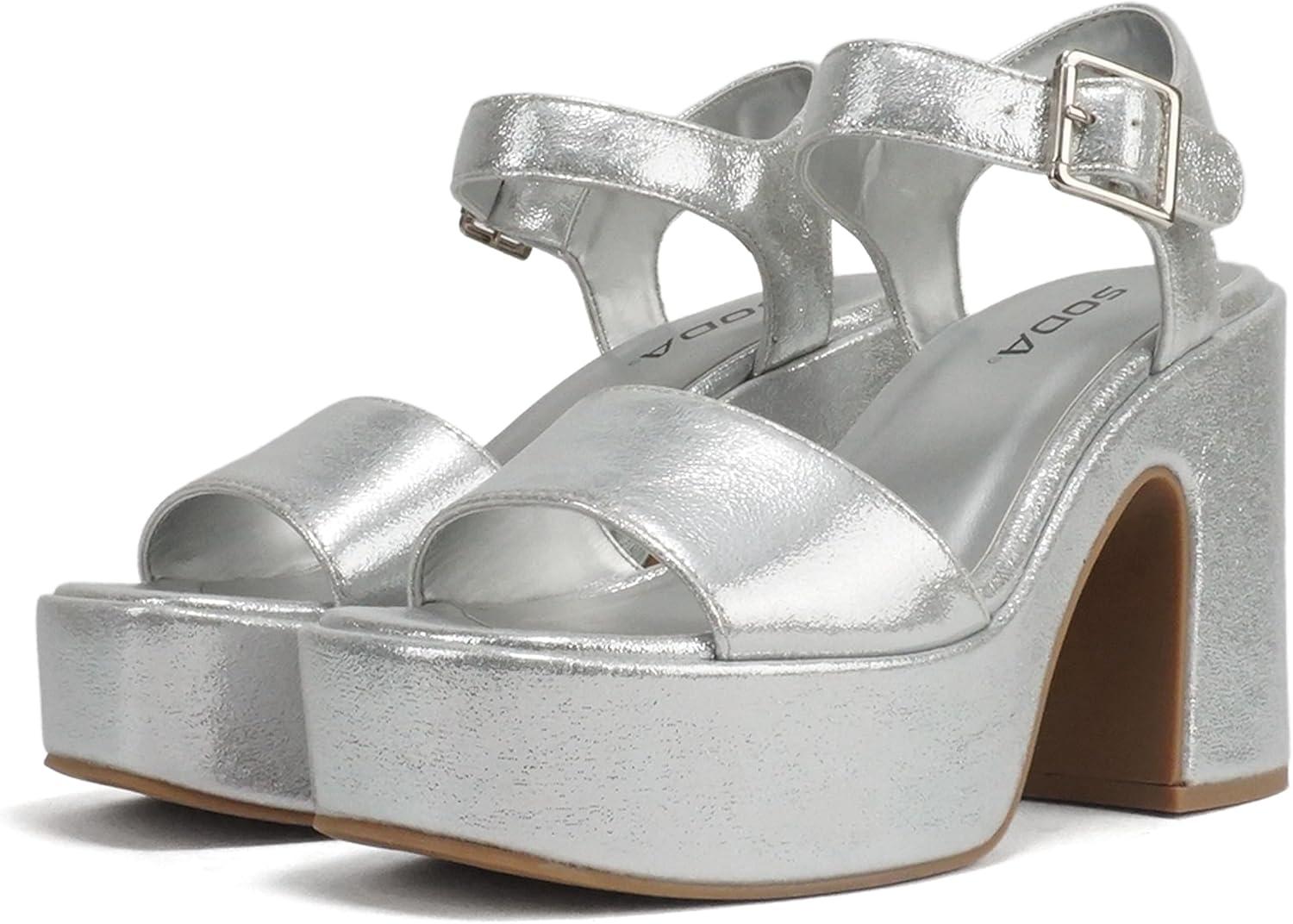 imageSoda Launch  Women Open Toe Ankle Strap Platform Chunky High Heeled SandalSilver Shimmer