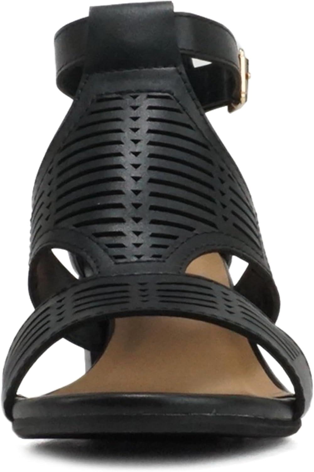 imageSoda Norway  Women Open Toe Closed Back Counter Cutout Upper Low Block Heel Sandal with Adjustable Ankle StrapBlack Pu