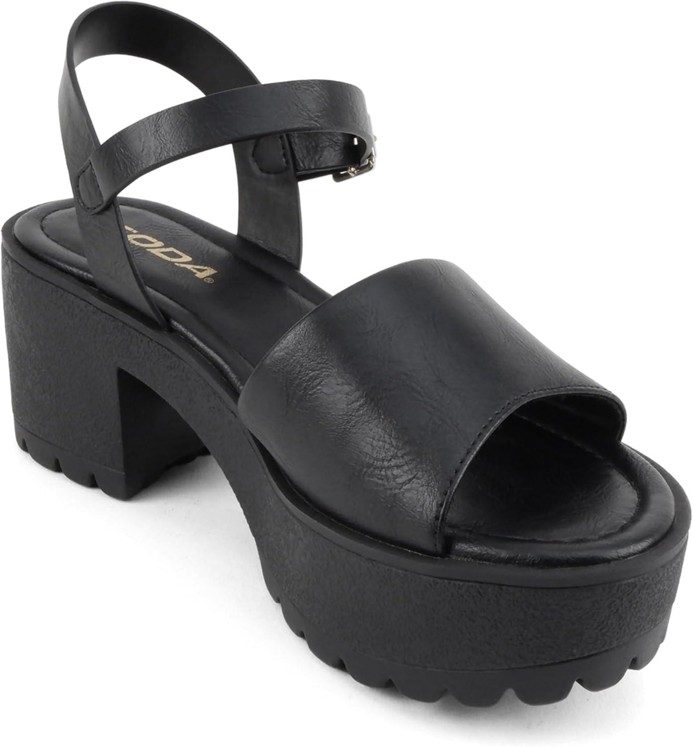 imageSoda Stacie  Women Open Toe Lug Sole Mid Block Heeled Sandals with Adjustable Ankle StrapBlack Pu
