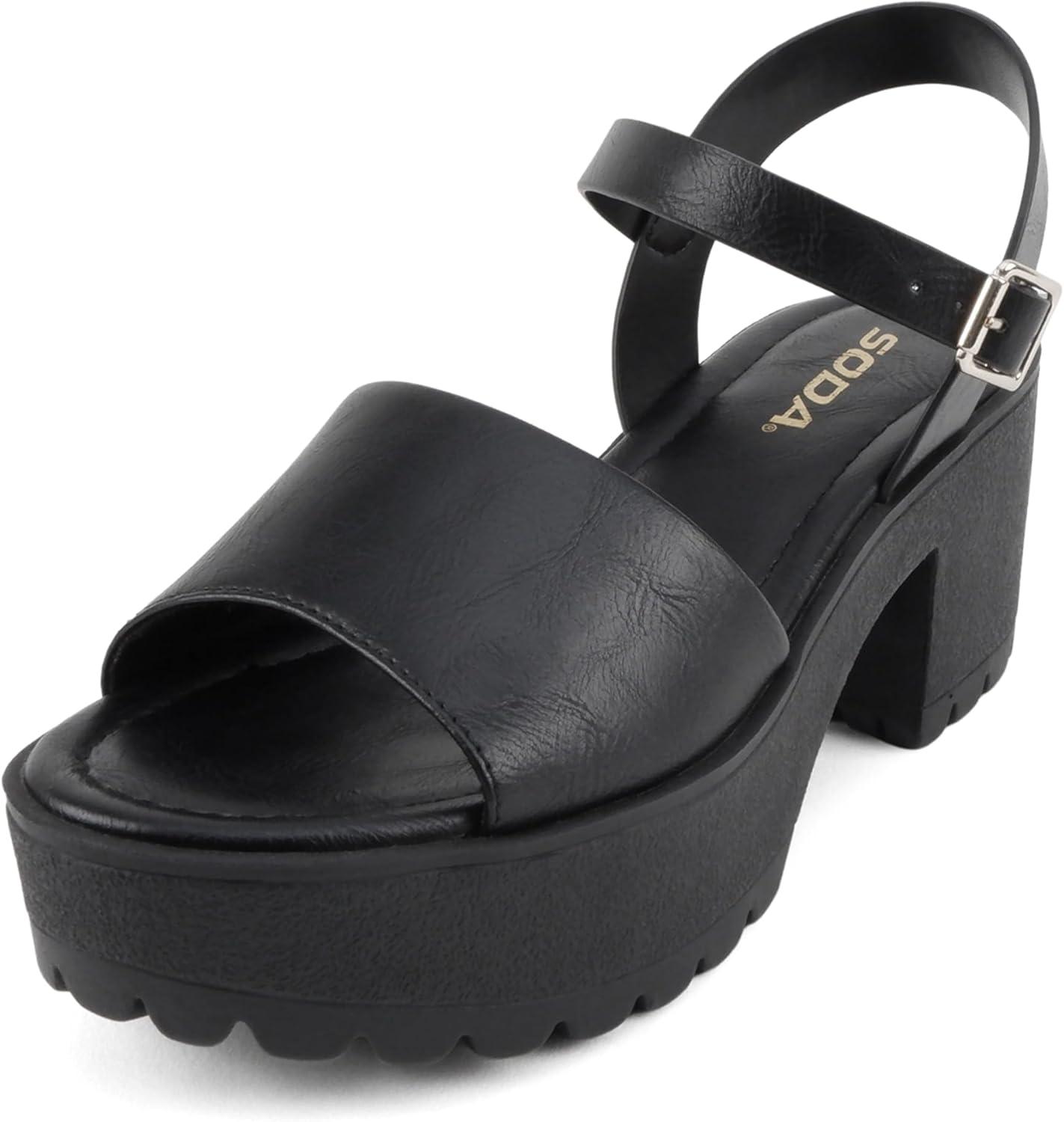 imageSoda Stacie  Women Open Toe Lug Sole Mid Block Heeled Sandals with Adjustable Ankle StrapBlack Pu
