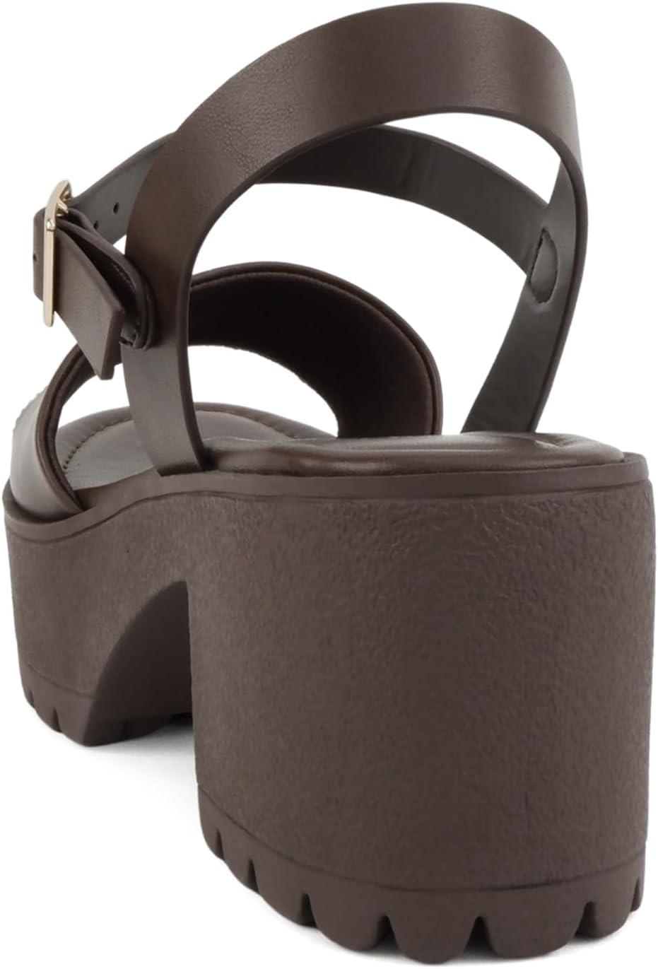imageSoda Stacie  Women Open Toe Lug Sole Mid Block Heeled Sandals with Adjustable Ankle StrapBrown Pu