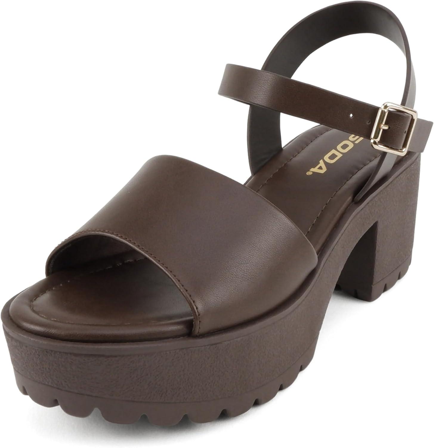 imageSoda Stacie  Women Open Toe Lug Sole Mid Block Heeled Sandals with Adjustable Ankle StrapBrown Pu