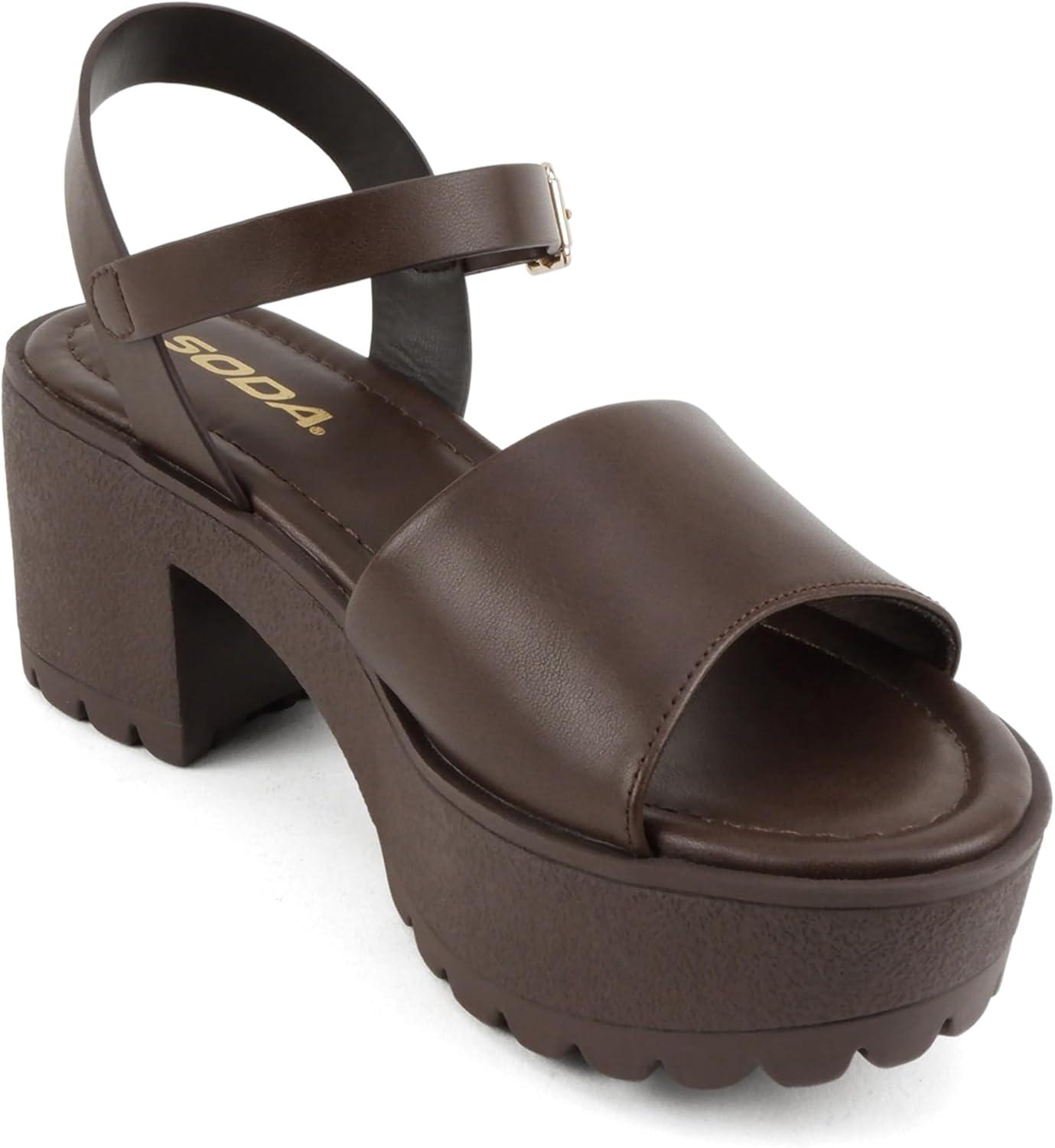 imageSoda Stacie  Women Open Toe Lug Sole Mid Block Heeled Sandals with Adjustable Ankle StrapBrown Pu