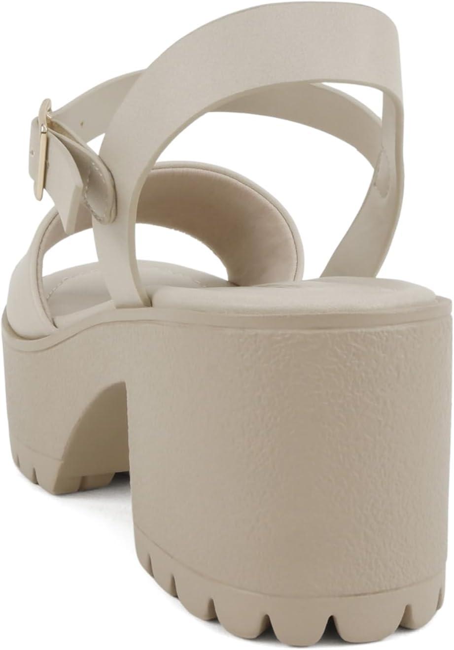 imageSoda Stacie  Women Open Toe Lug Sole Mid Block Heeled Sandals with Adjustable Ankle StrapDark Nude Pu