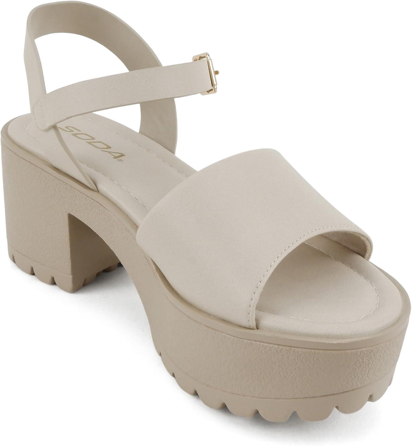 imageSoda Stacie  Women Open Toe Lug Sole Mid Block Heeled Sandals with Adjustable Ankle StrapDark Nude Pu