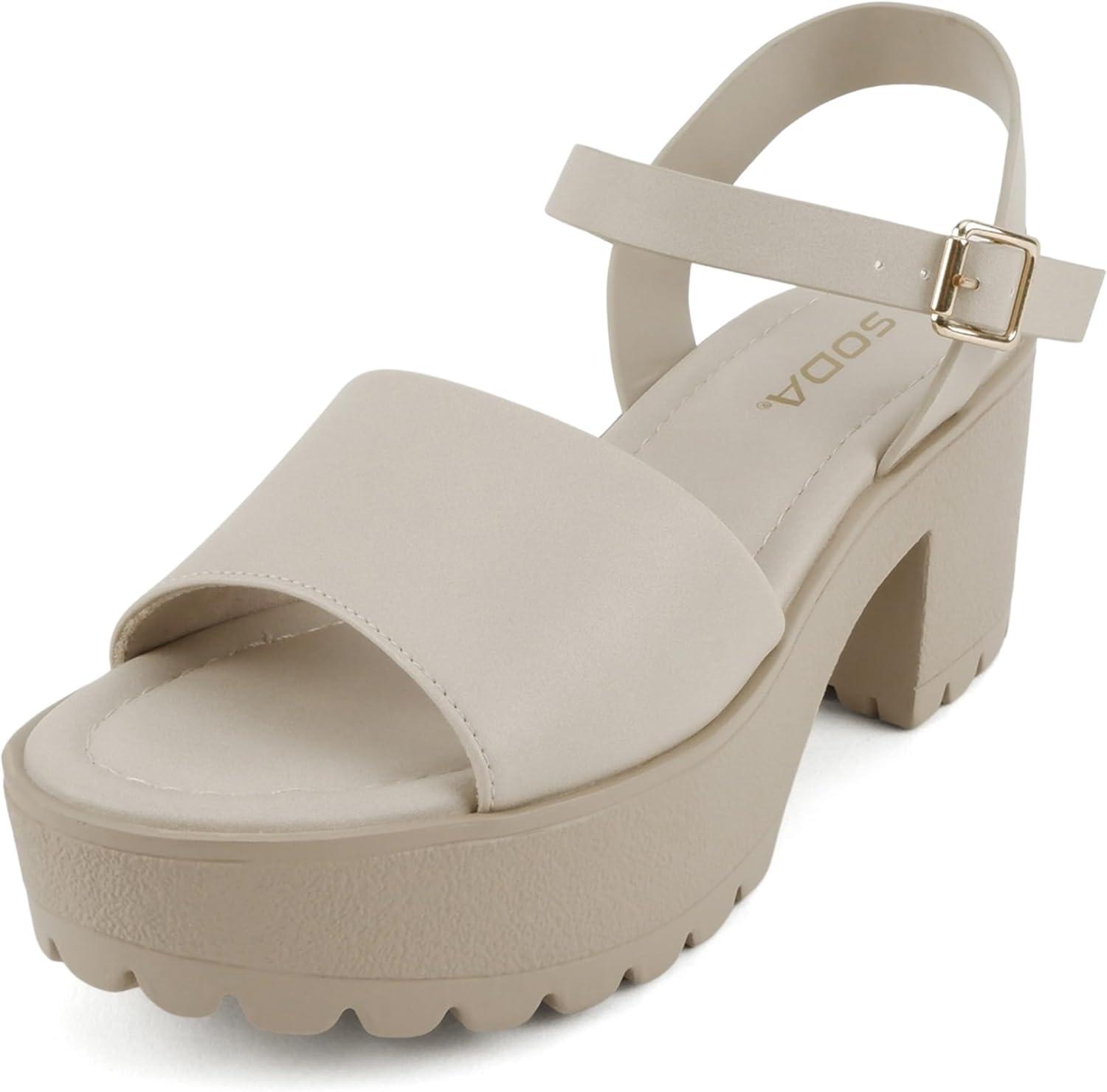 imageSoda Stacie  Women Open Toe Lug Sole Mid Block Heeled Sandals with Adjustable Ankle StrapDark Nude Pu