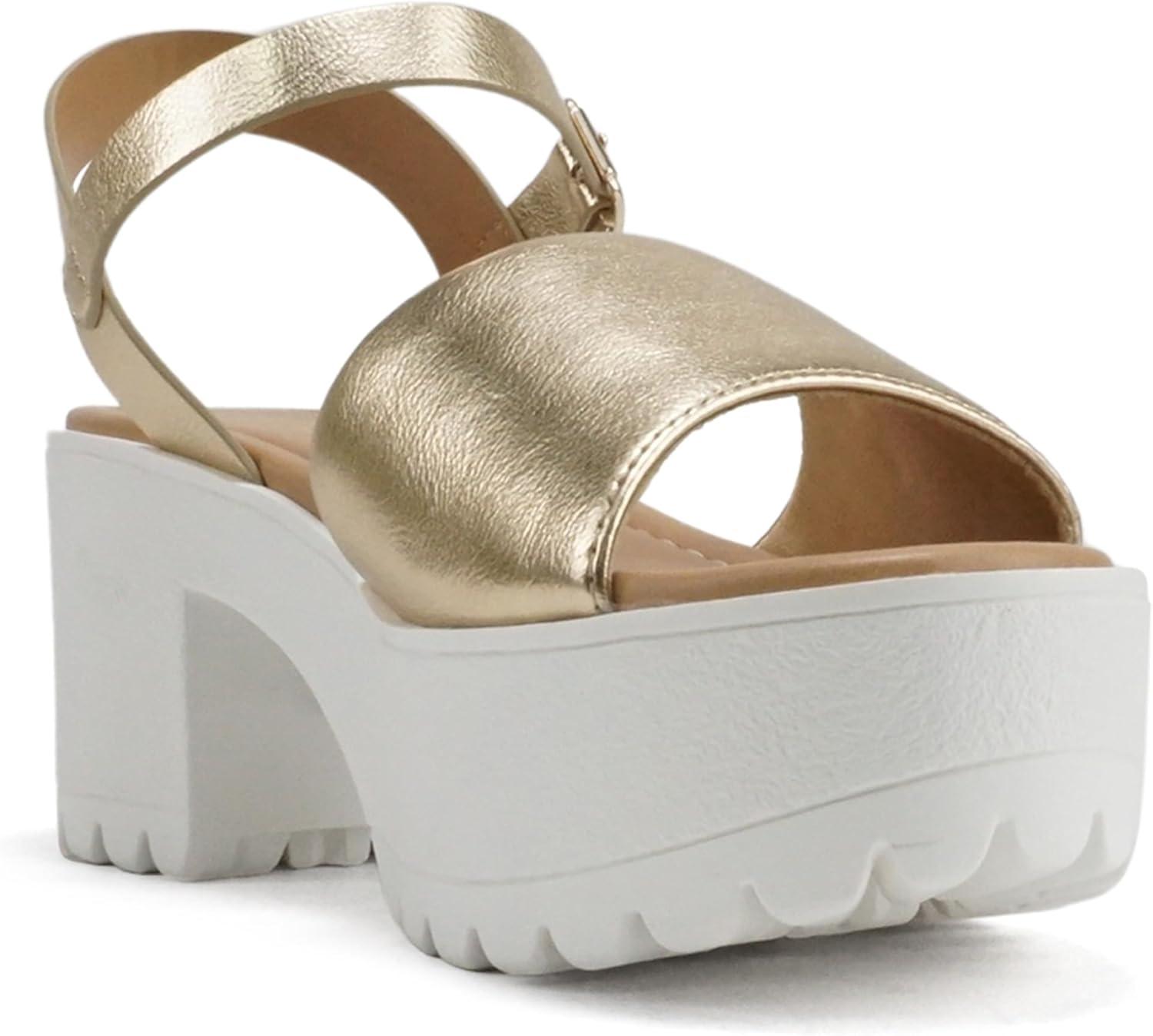 imageSoda Stacie  Women Open Toe Lug Sole Mid Block Heeled Sandals with Adjustable Ankle StrapGold Pu