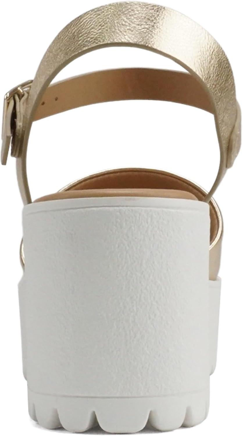 imageSoda Stacie  Women Open Toe Lug Sole Mid Block Heeled Sandals with Adjustable Ankle StrapGold Pu