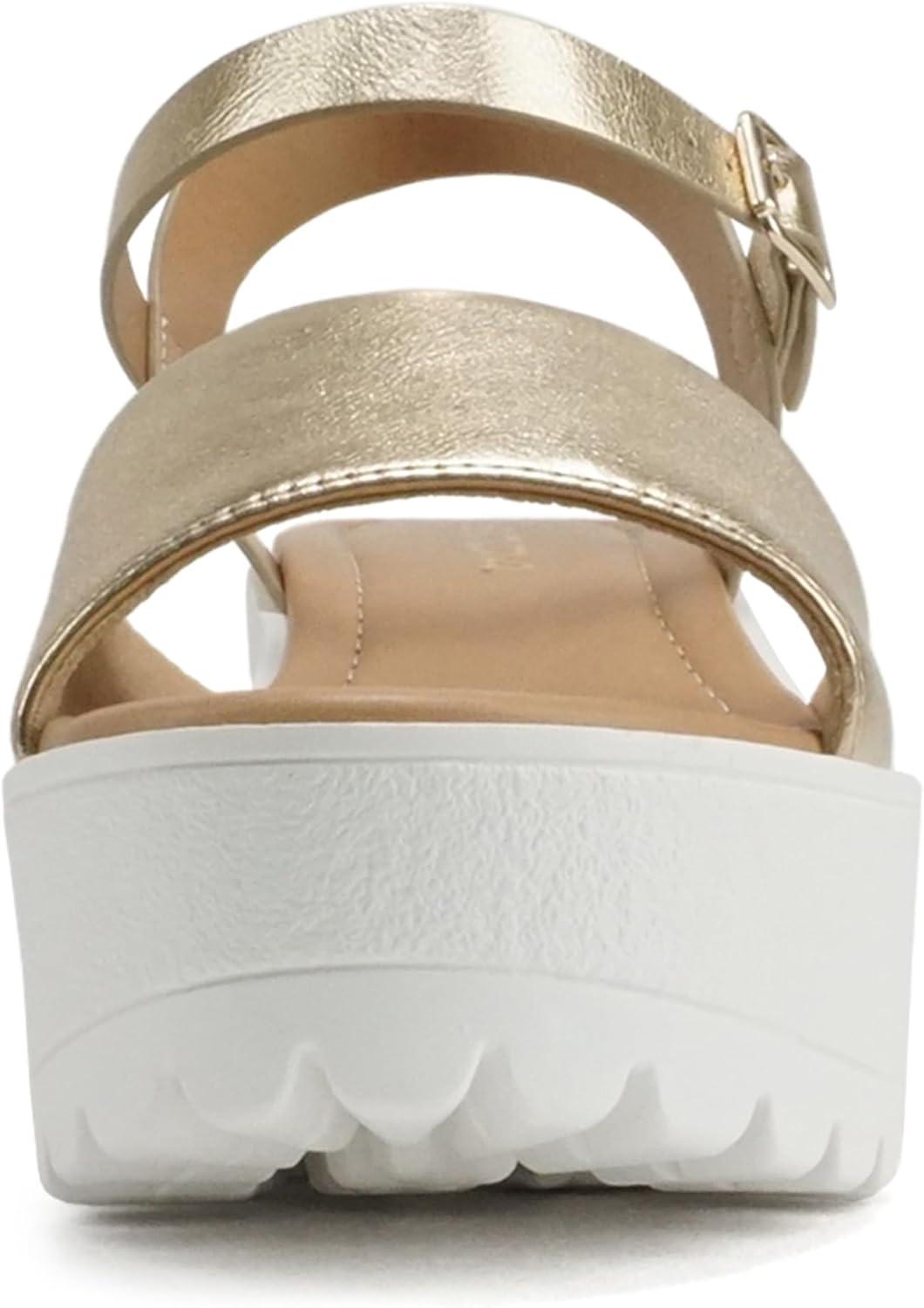 imageSoda Stacie  Women Open Toe Lug Sole Mid Block Heeled Sandals with Adjustable Ankle StrapGold Pu