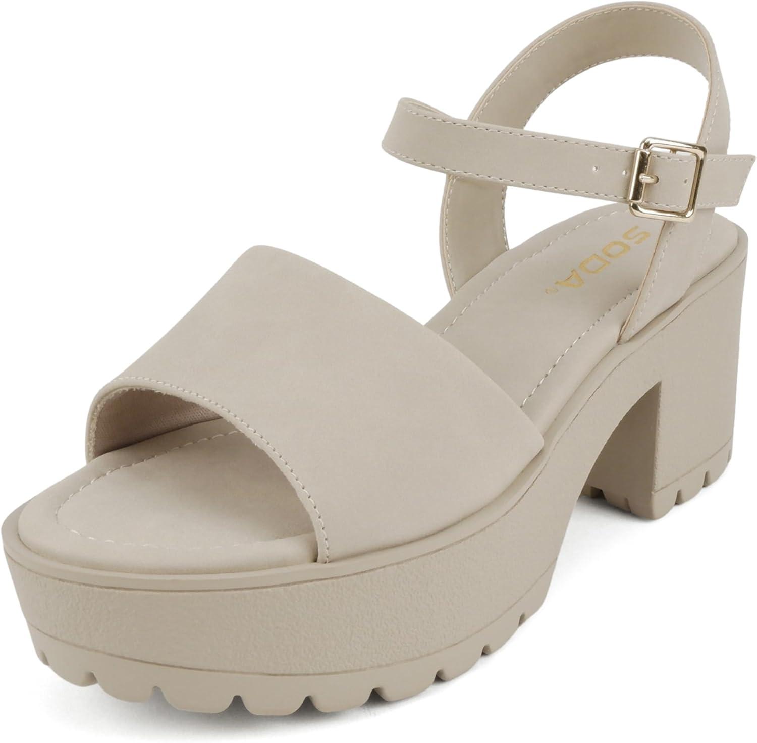 imageSoda Stacie  Women Open Toe Lug Sole Mid Block Heeled Sandals with Adjustable Ankle StrapSand Nubuck