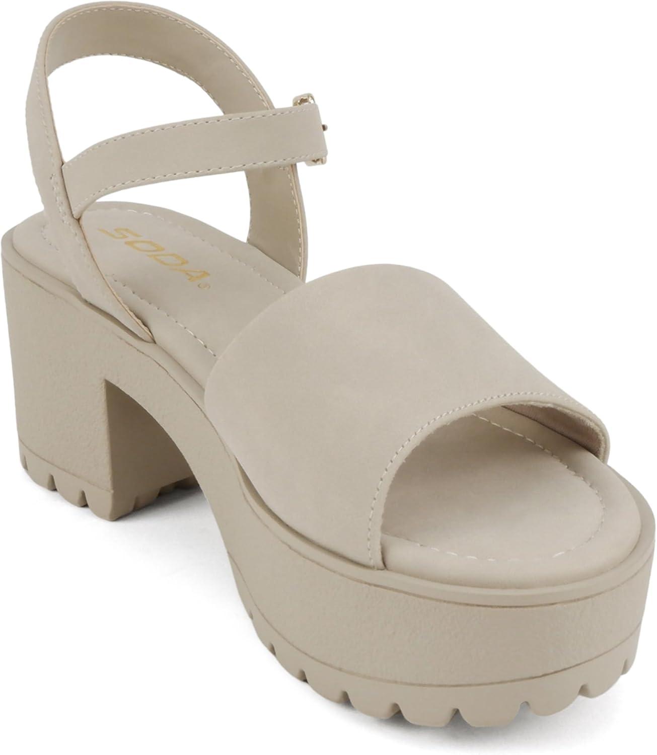 imageSoda Stacie  Women Open Toe Lug Sole Mid Block Heeled Sandals with Adjustable Ankle StrapSand Nubuck