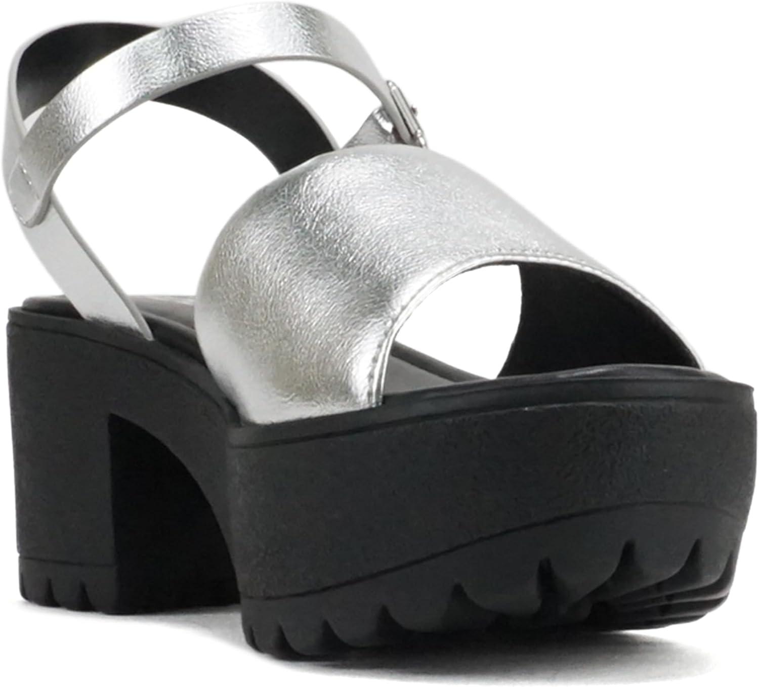 imageSoda Stacie  Women Open Toe Lug Sole Mid Block Heeled Sandals with Adjustable Ankle StrapSilver Pu