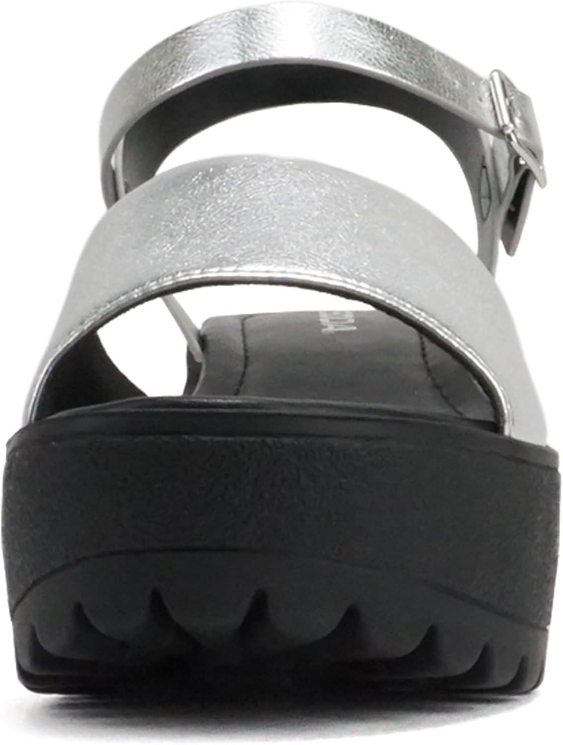 imageSoda Stacie  Women Open Toe Lug Sole Mid Block Heeled Sandals with Adjustable Ankle StrapSilver Pu