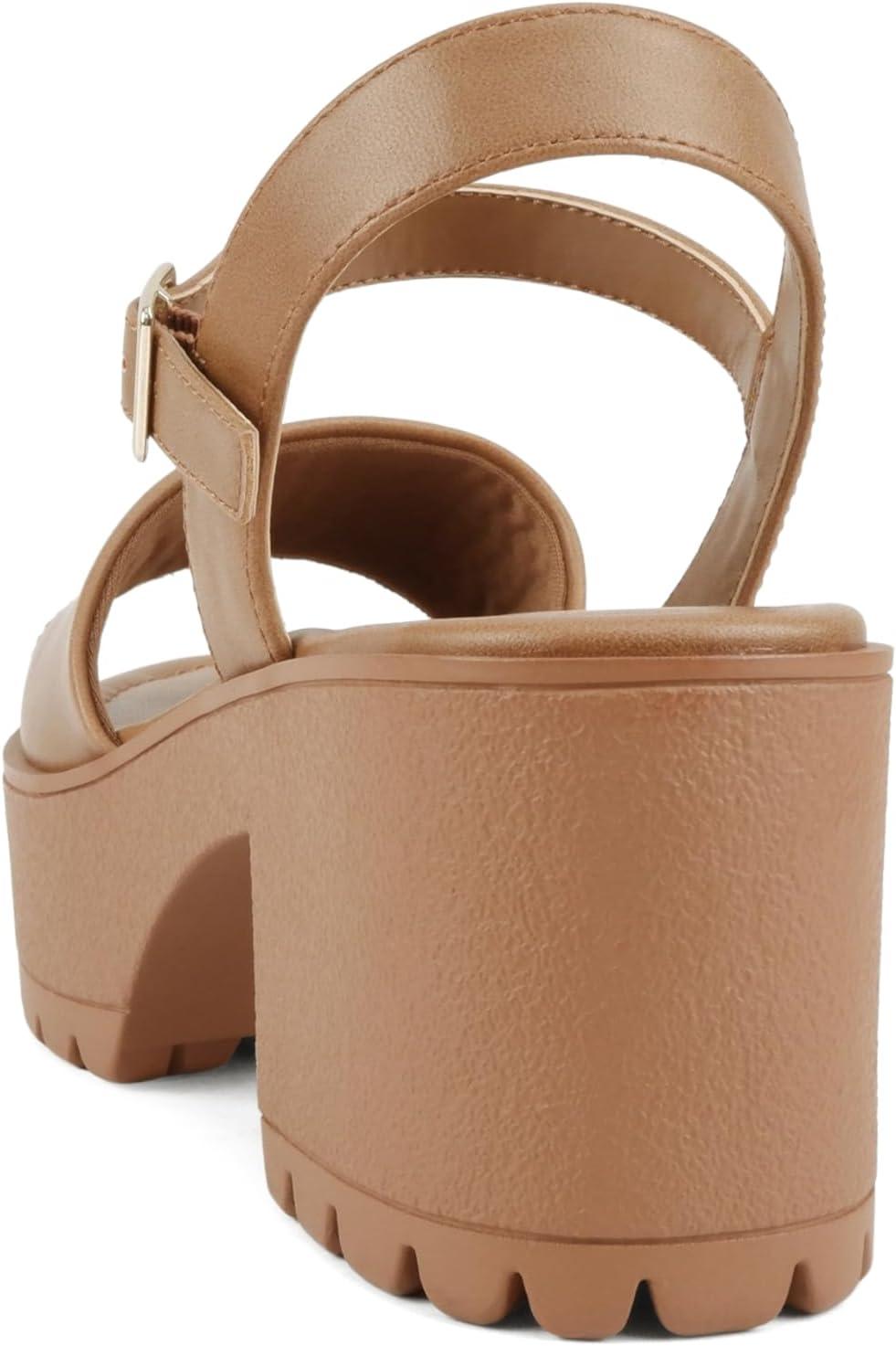 imageSoda Stacie  Women Open Toe Lug Sole Mid Block Heeled Sandals with Adjustable Ankle StrapTan Pu
