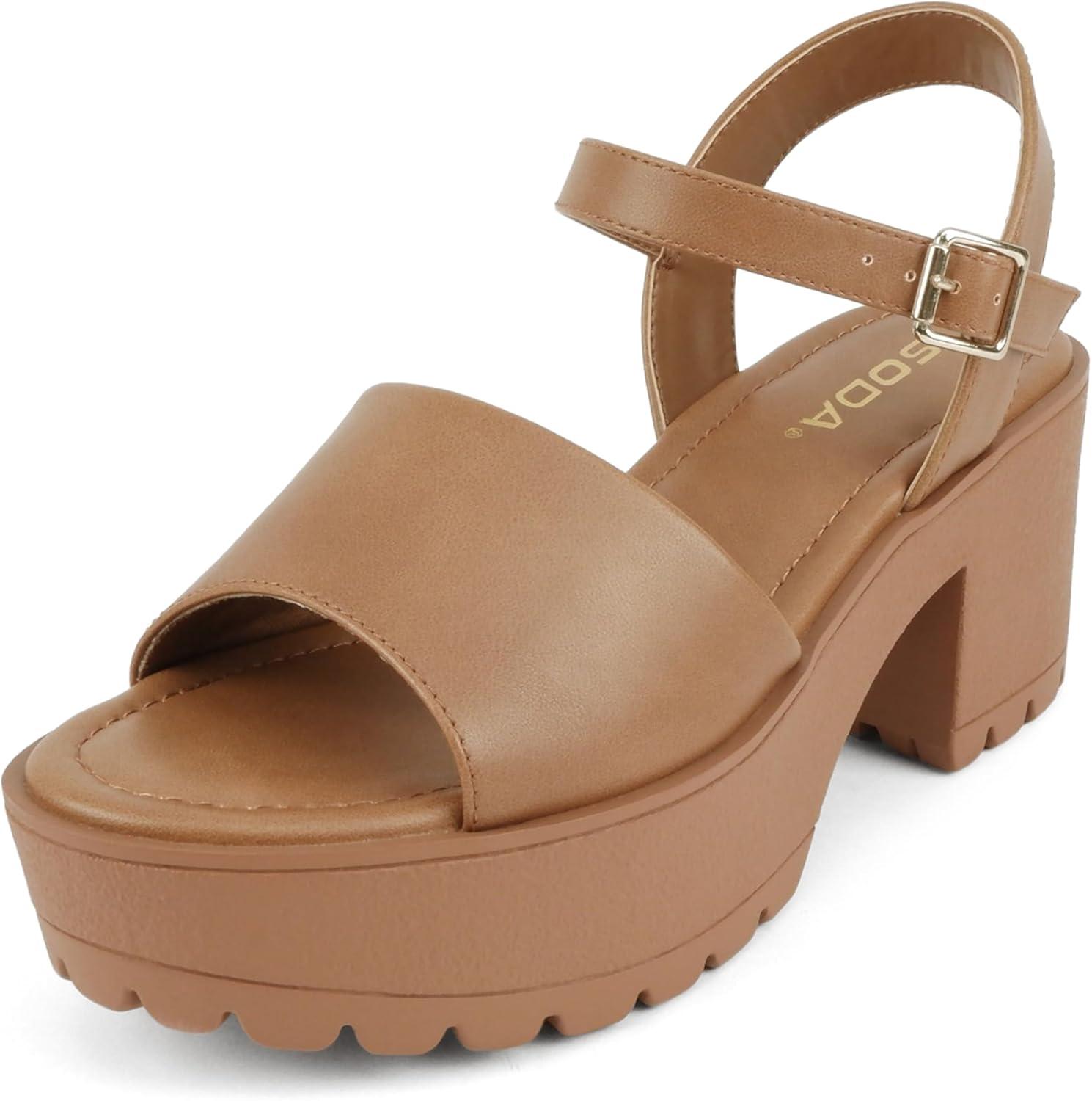 imageSoda Stacie  Women Open Toe Lug Sole Mid Block Heeled Sandals with Adjustable Ankle StrapTan Pu