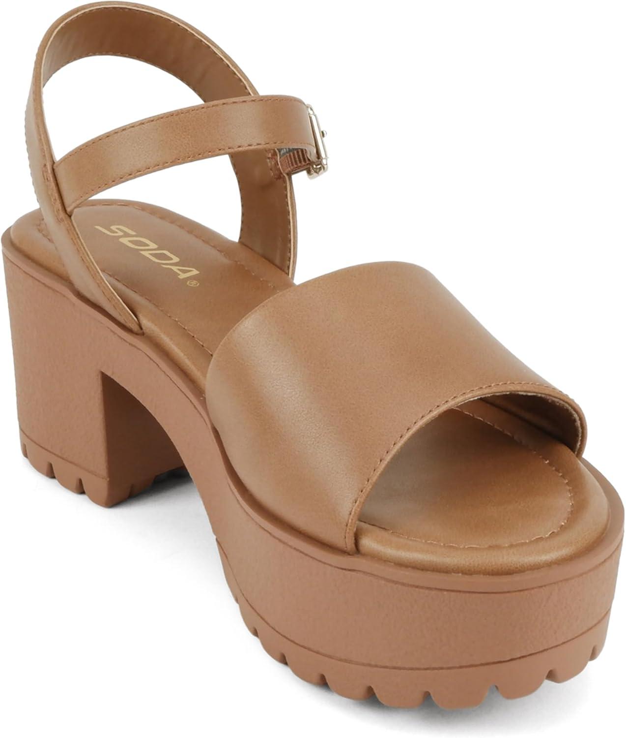 imageSoda Stacie  Women Open Toe Lug Sole Mid Block Heeled Sandals with Adjustable Ankle StrapTan Pu