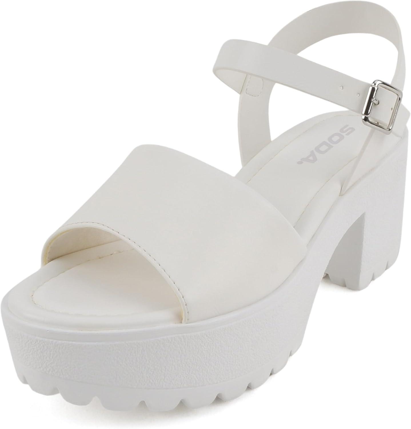 imageSoda Stacie  Women Open Toe Lug Sole Mid Block Heeled Sandals with Adjustable Ankle StrapWhite Pu