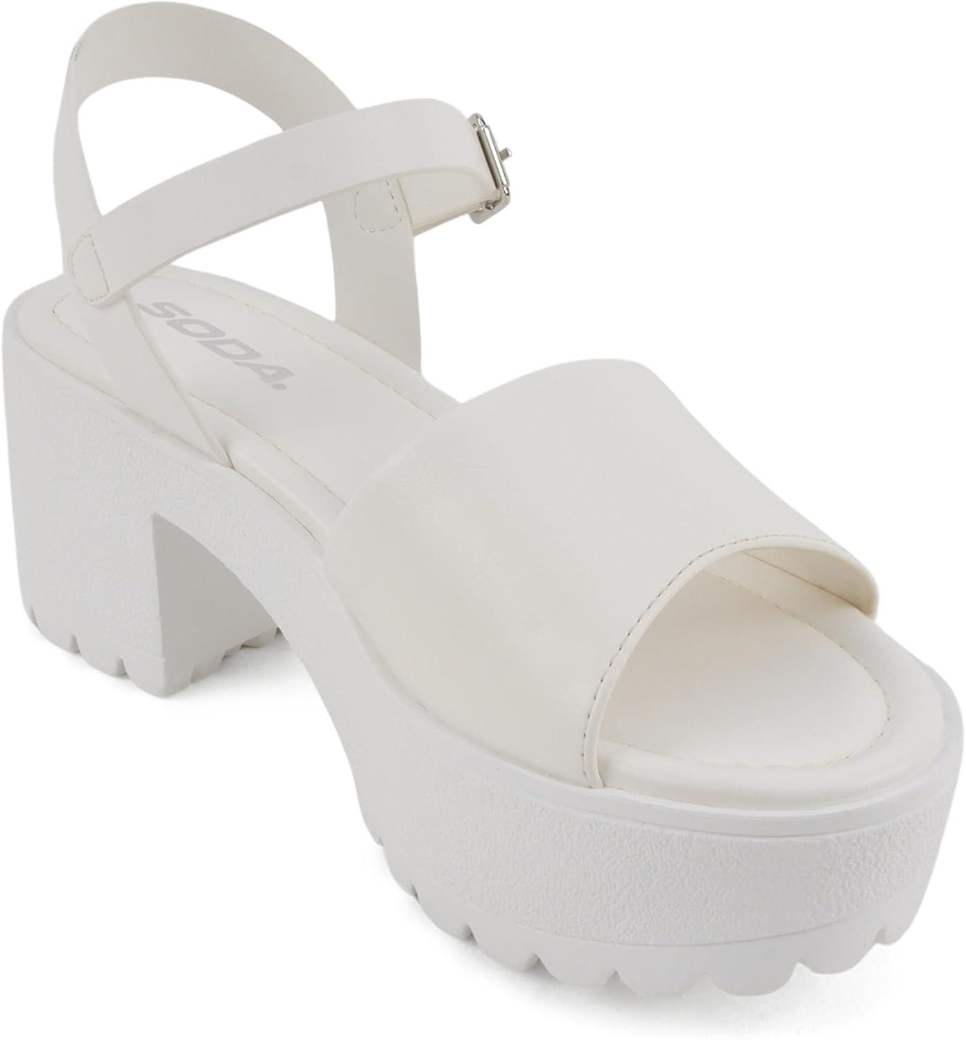 imageSoda Stacie  Women Open Toe Lug Sole Mid Block Heeled Sandals with Adjustable Ankle StrapWhite Pu