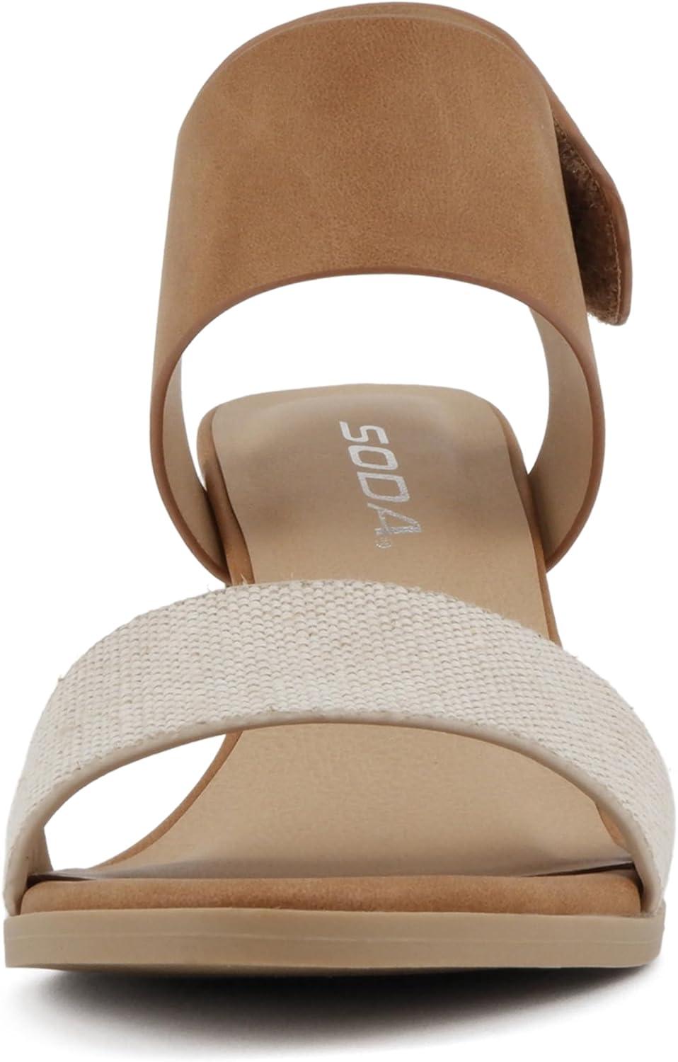 imageSoda WaitA  Women Open Round Toe Chunky Heel Ankle Strap High Heel Dress SandalsBeige CanvasTan