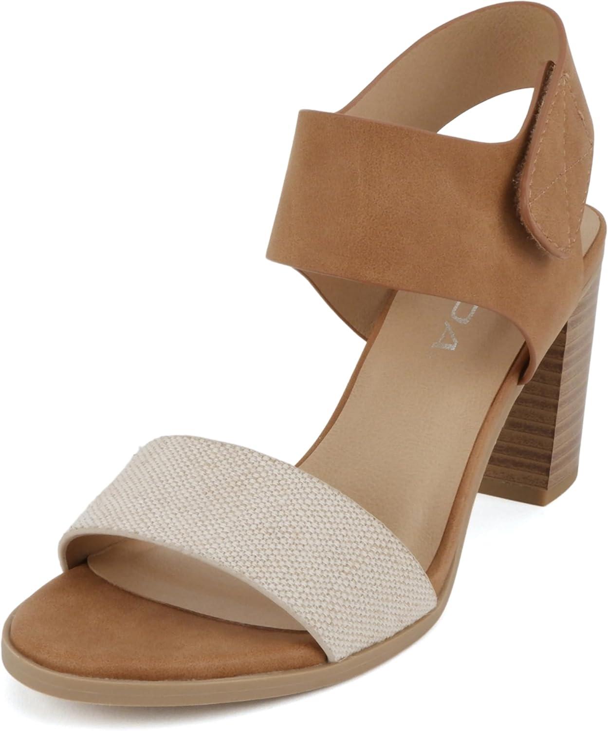 imageSoda WaitA  Women Open Round Toe Chunky Heel Ankle Strap High Heel Dress SandalsBeige CanvasTan